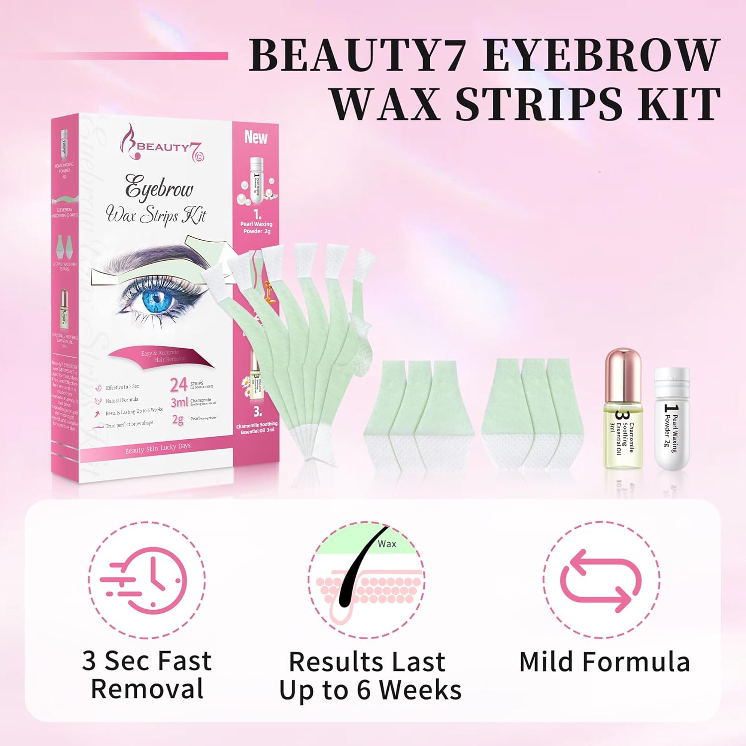 Detalle de Strisce di Cera Depilatorie per Sopracciglio Beauty7 – confezione da 24 strisce con polvere di perle e olio di camomilla