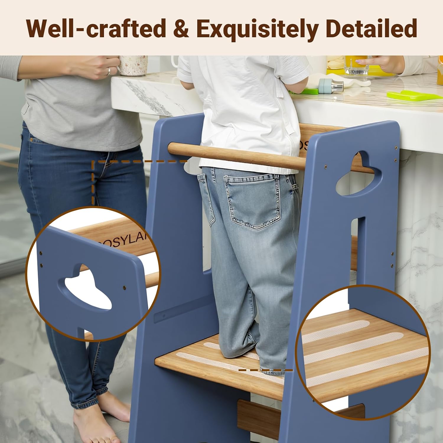 Thumbnail 4 de COSYLAND Height Adjustable Toddler Standing Tower (3 Levels) – Super Stable Wooden Kitchen Stool Helper