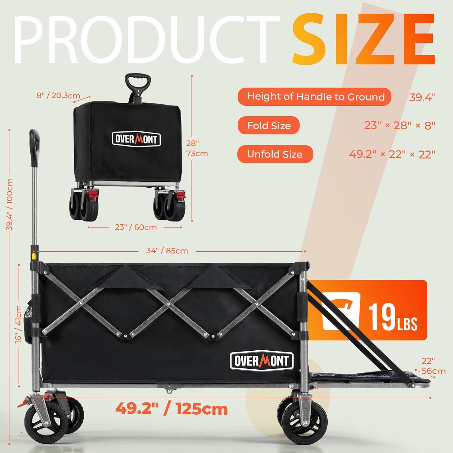 Detalle de Overmont klappbarer Bollerwagen mit faltbarer Heckklappe, 200-l-Fassungsvermögen und 120-kg-Tragkraft (schwarz)