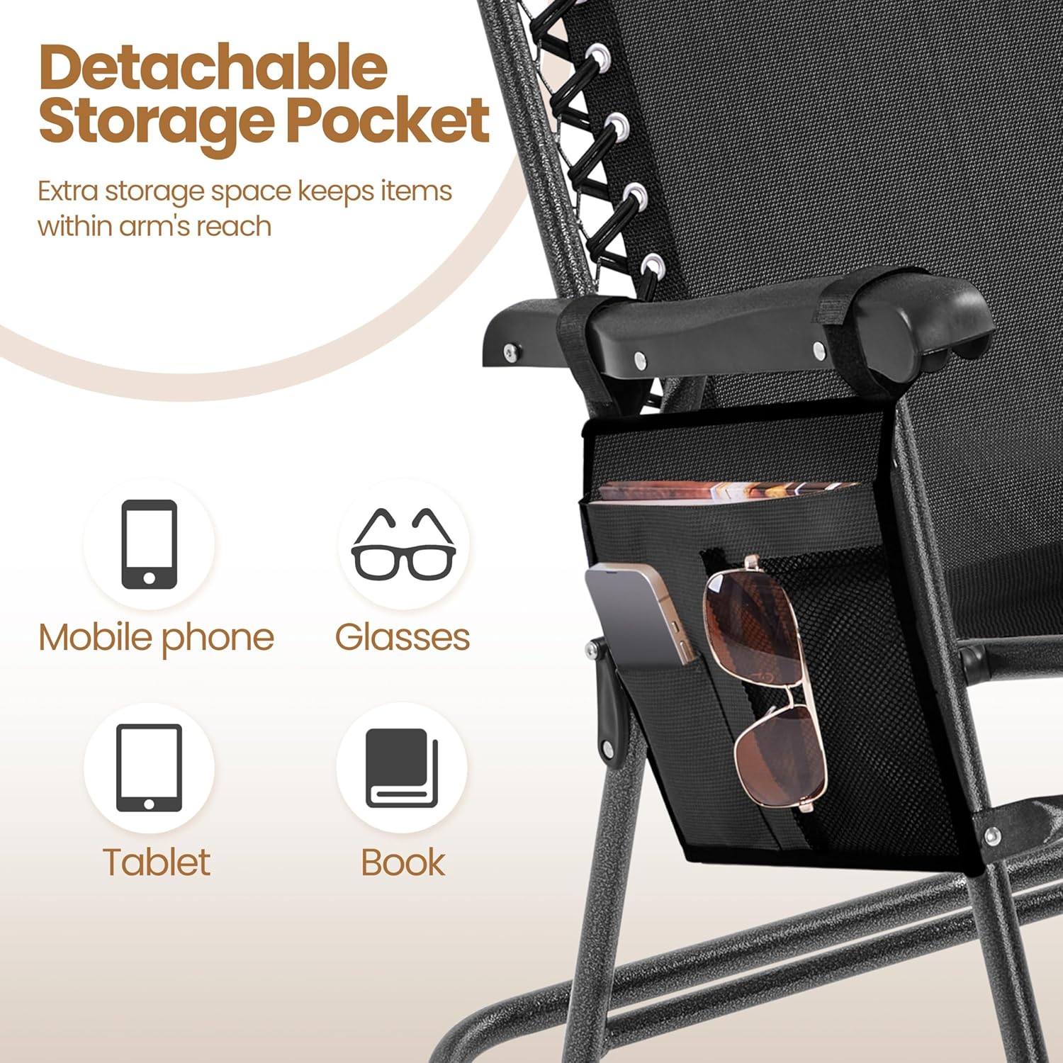 Thumbnail 5 de Yaheetech sedia a dondolo reclinabile pieghevole da esterno con portata 120 kg e braccioli (102 x 65,5 x 103 cm) – nero