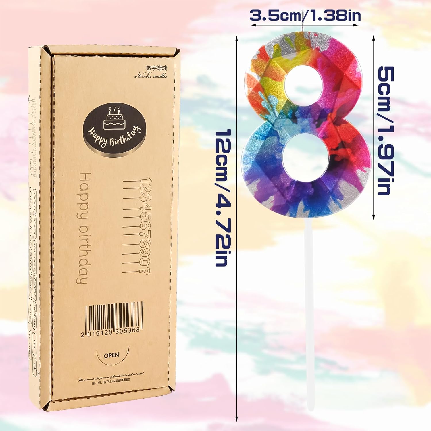 Thumbnail 1 de Yiran Colorful Graffiti 12th Birthday Candles – 2 x 12th Birthday Number Candles with 3D Topper for Cakes