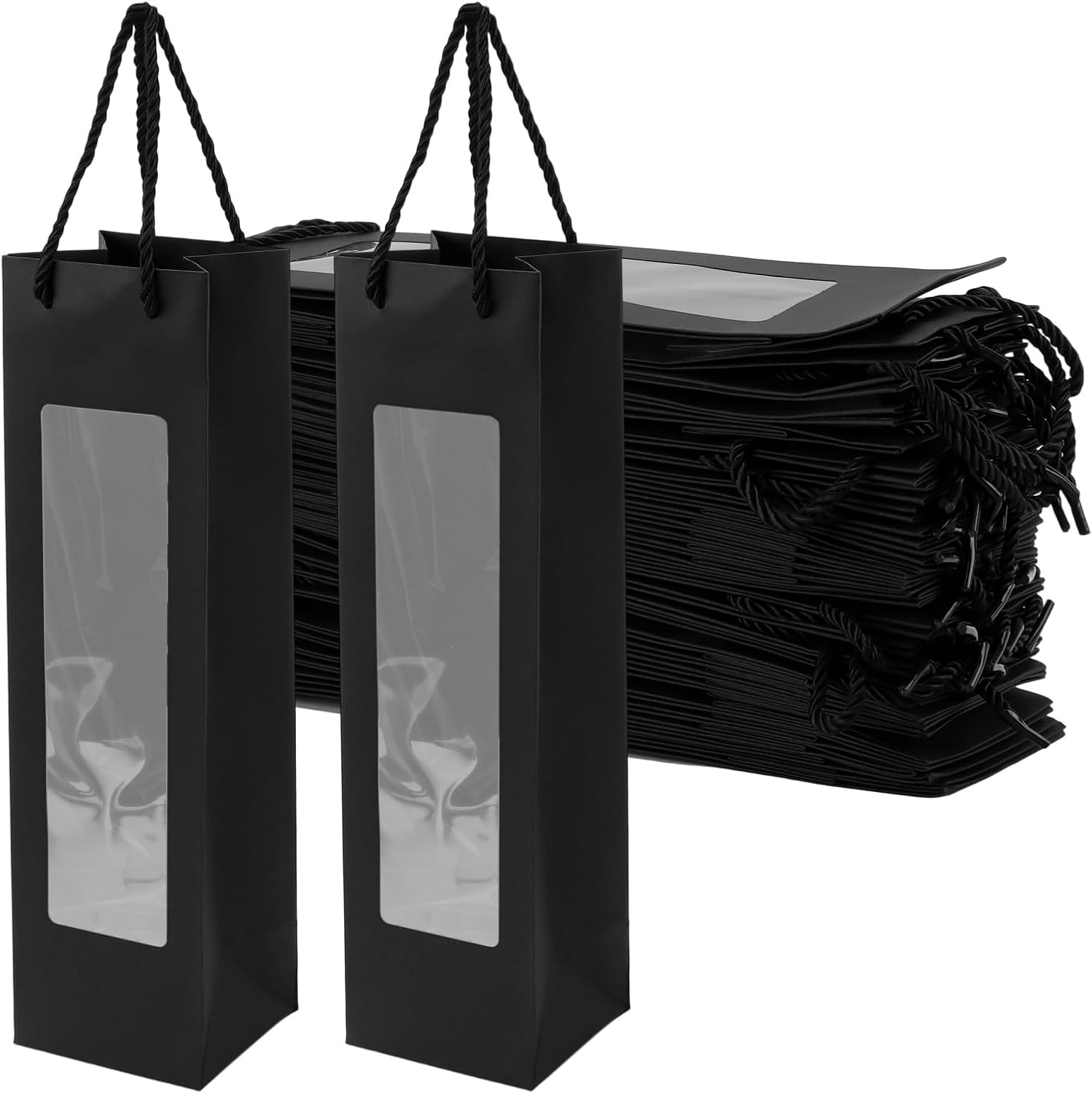 Detalle de CHIHEUNG 30-Pack Wine Bottle Bags with Window – Black Kraft Paper Gift Bags for Festive Gifting