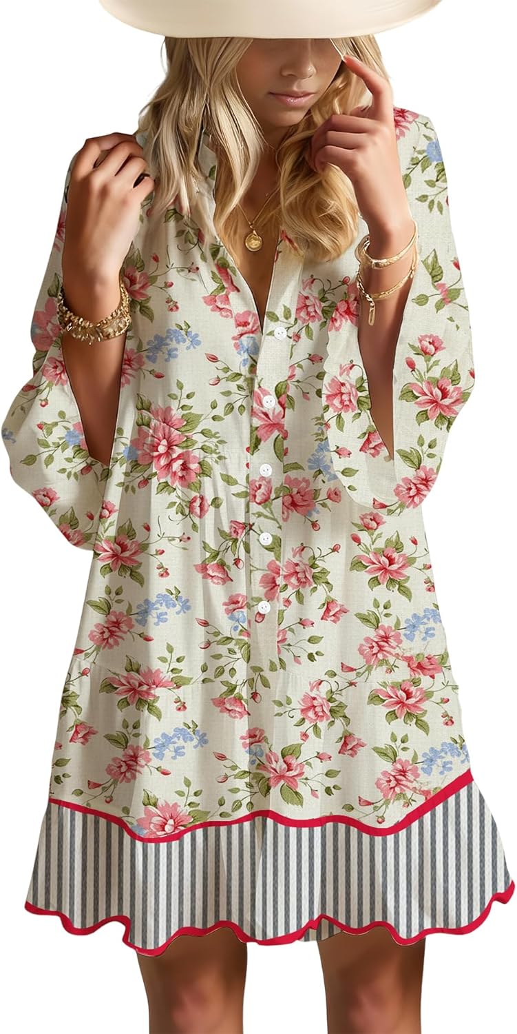 Thumbnail 6 de Opemiby Summer Dresses for Women 2026: Flowy Ruffle 3/4 Sleeve V-Neck Tiered Babydoll Boho Beach Mini Dress