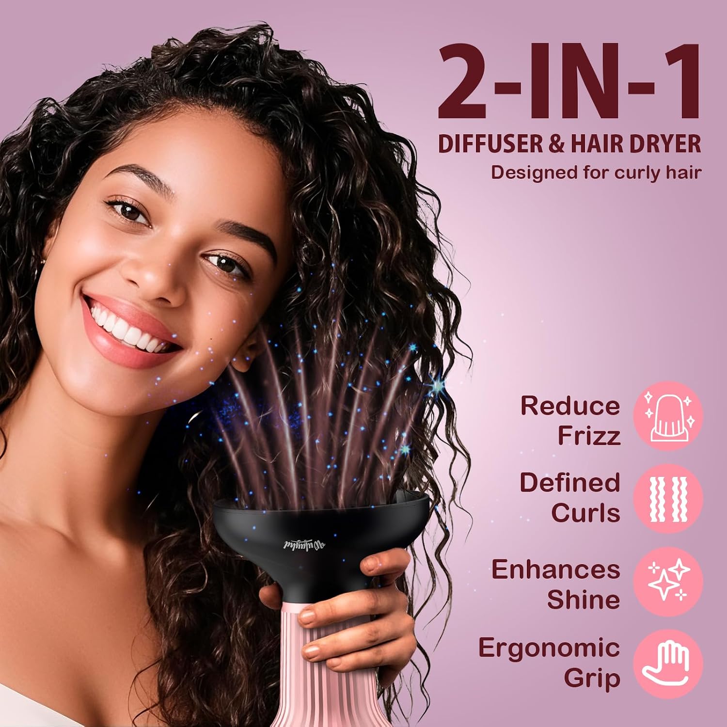 Detalle de WUFAYHD Diffuser Hair Dryer for Curly Hair (2-in-1 Ionic & Ceramic) for Wavy, Curly & Coily Styles