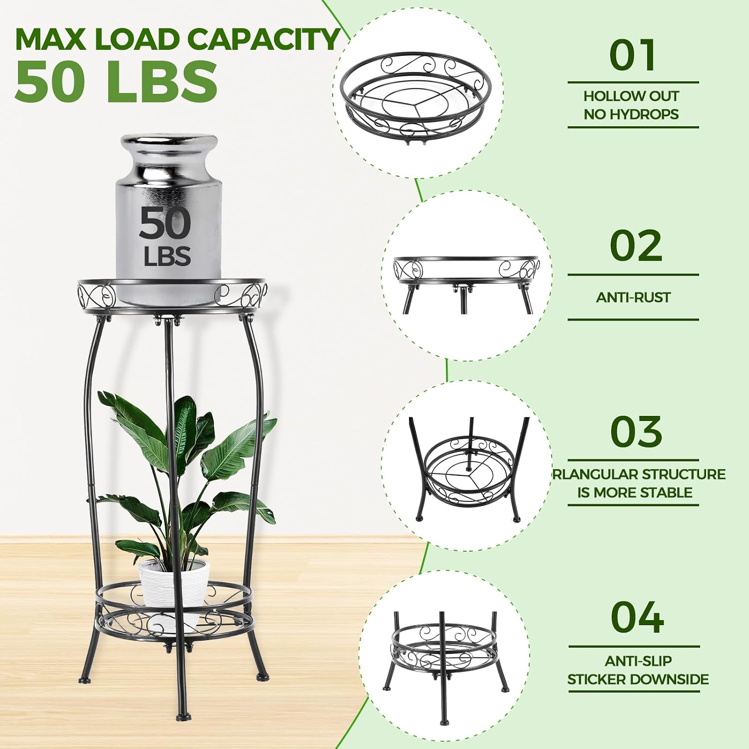 Thumbnail 2 de LOYAL TIGER 2-Tier Plant Stand, 27-Inch Black Iron, 3-Leg Base