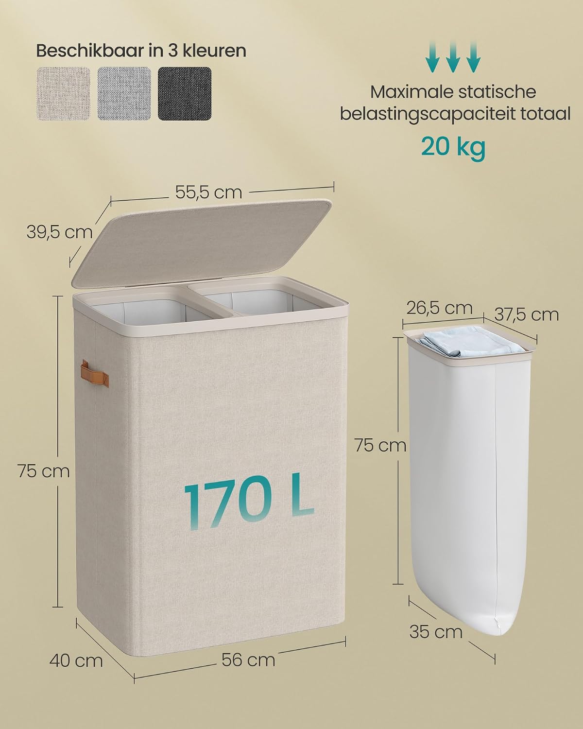 Detalle 1 de SONGMICS BROSI LCB813L01 wasmand, 170 liter, 2 vakken, cappuccinobeige