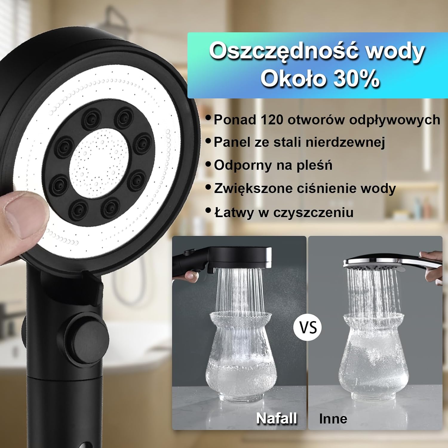 Thumbnail 6 de Nafall N6001BL-DE – czarna słuchawka prysznicowa z filtrem, 5 trybów