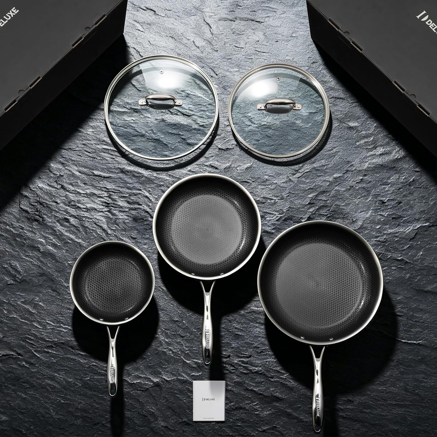 Detalle de DELUXE Hybrid Ceramic Nonstick 5-Piece Fry Pan Set (8/10/12 Inch) with Glass Lids
