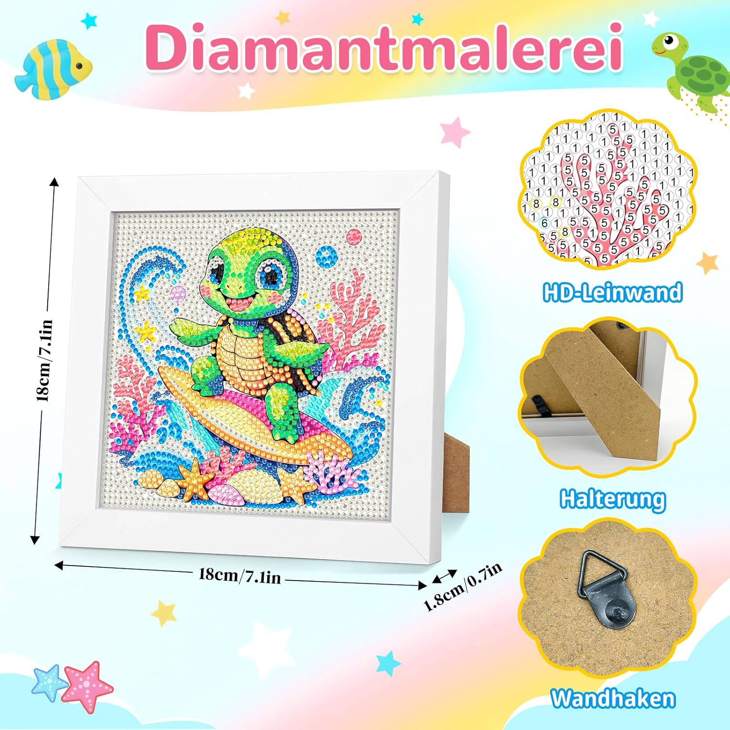 Thumbnail 4 de jieyisier Schildkröten Diamond Painting mit Holzrahmen (5D), 15 x 15 cm – für Anfänger
