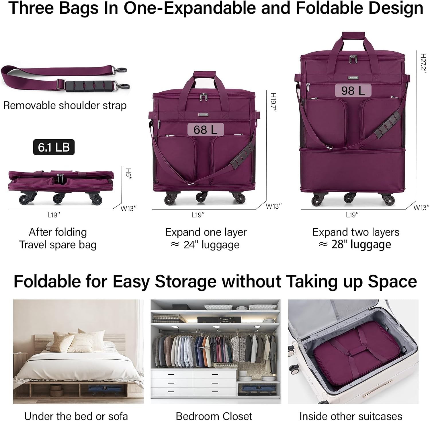 Thumbnail 1 de Hanke expandable foldable luggage 2 wheels