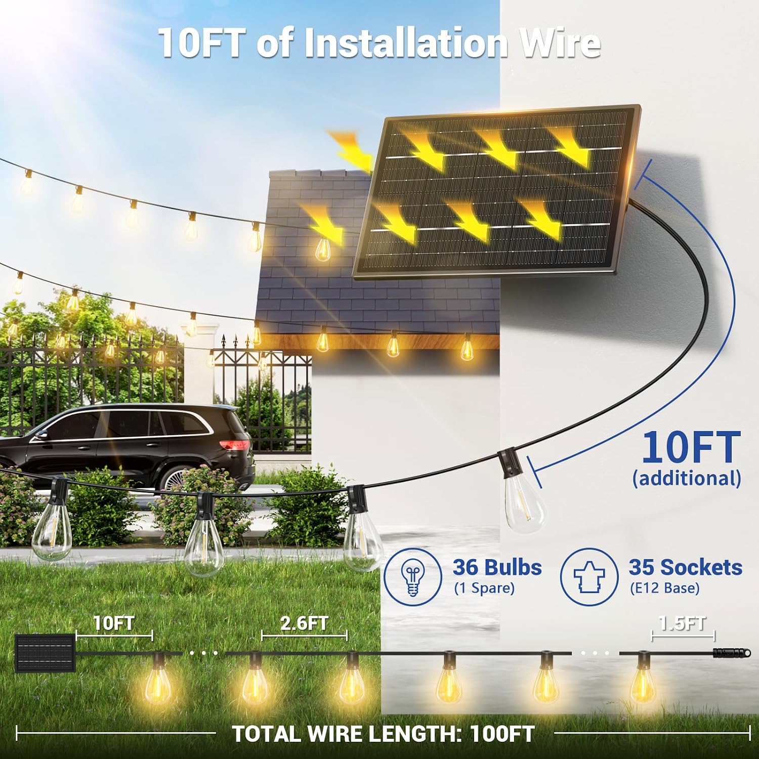 Detalle de Sikitul S11 100 ft Solar String Lights, 36 Warm White LEDs, Remote & USB-C
