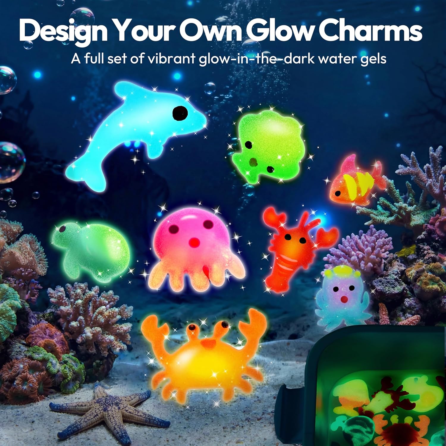 Detalle de Klever Kits Glow-in-the-Dark Water Gel Kit (Magic Fairy Water Pets) with 10 Glow Gels, 12 Sea Creature Molds, and Storage Bottle