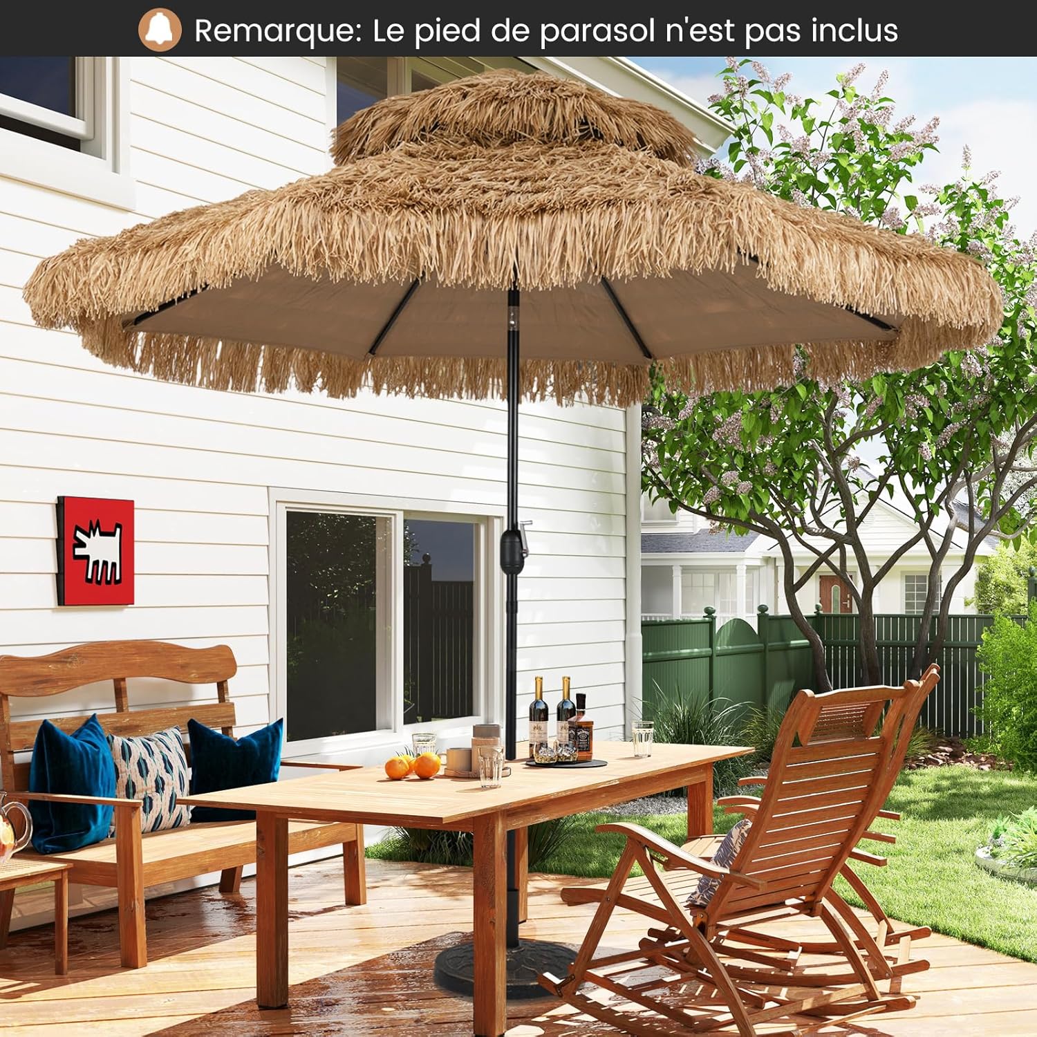 Thumbnail 6 de GOPLUS parasol 3 m en paille PE style hawaïen à double toit inclinable 30°