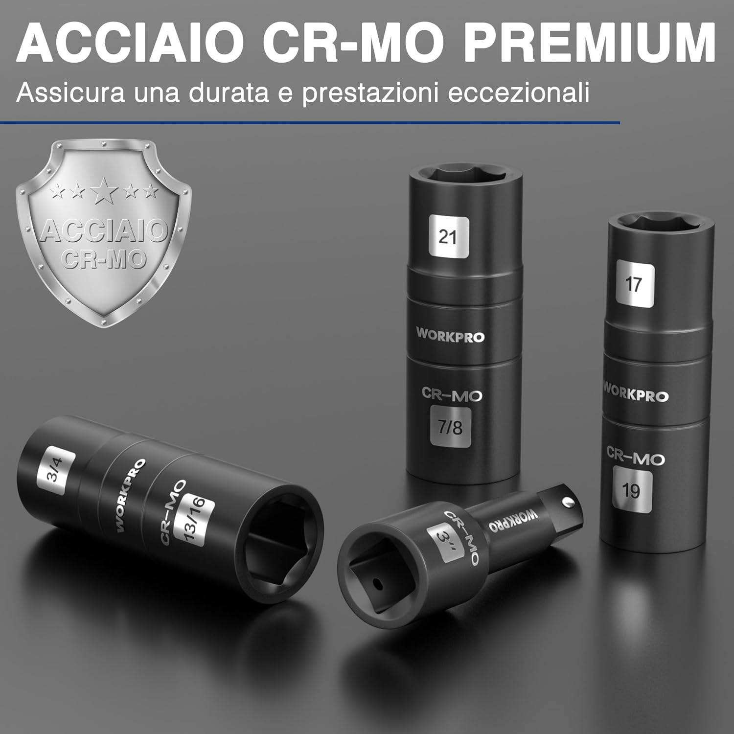 Thumbnail 2 de WORKPRO Set di Bussole a Percussione e Doppia Testa da 1/2'' con Estensione – 6 Misure SAE/Metriche