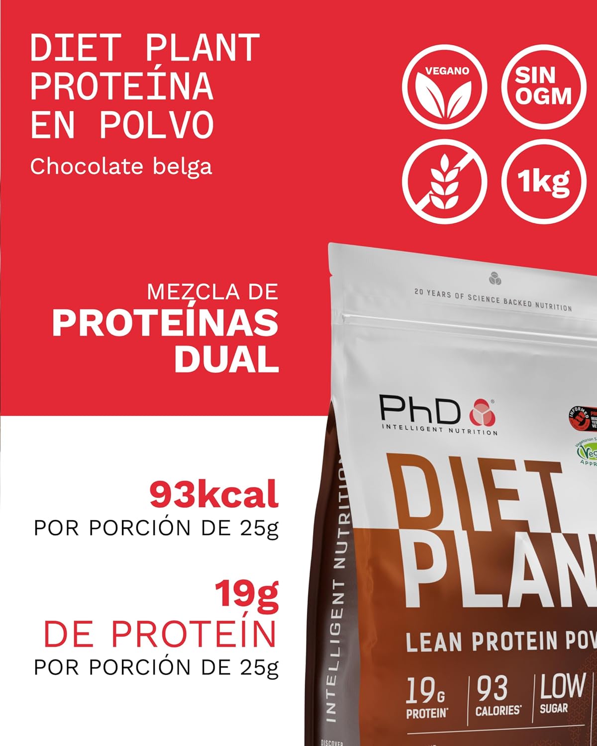 Detalle de PhD Nutrition Diet Plant Proteína Vegana 1kg 🍫 Chocolate Belga