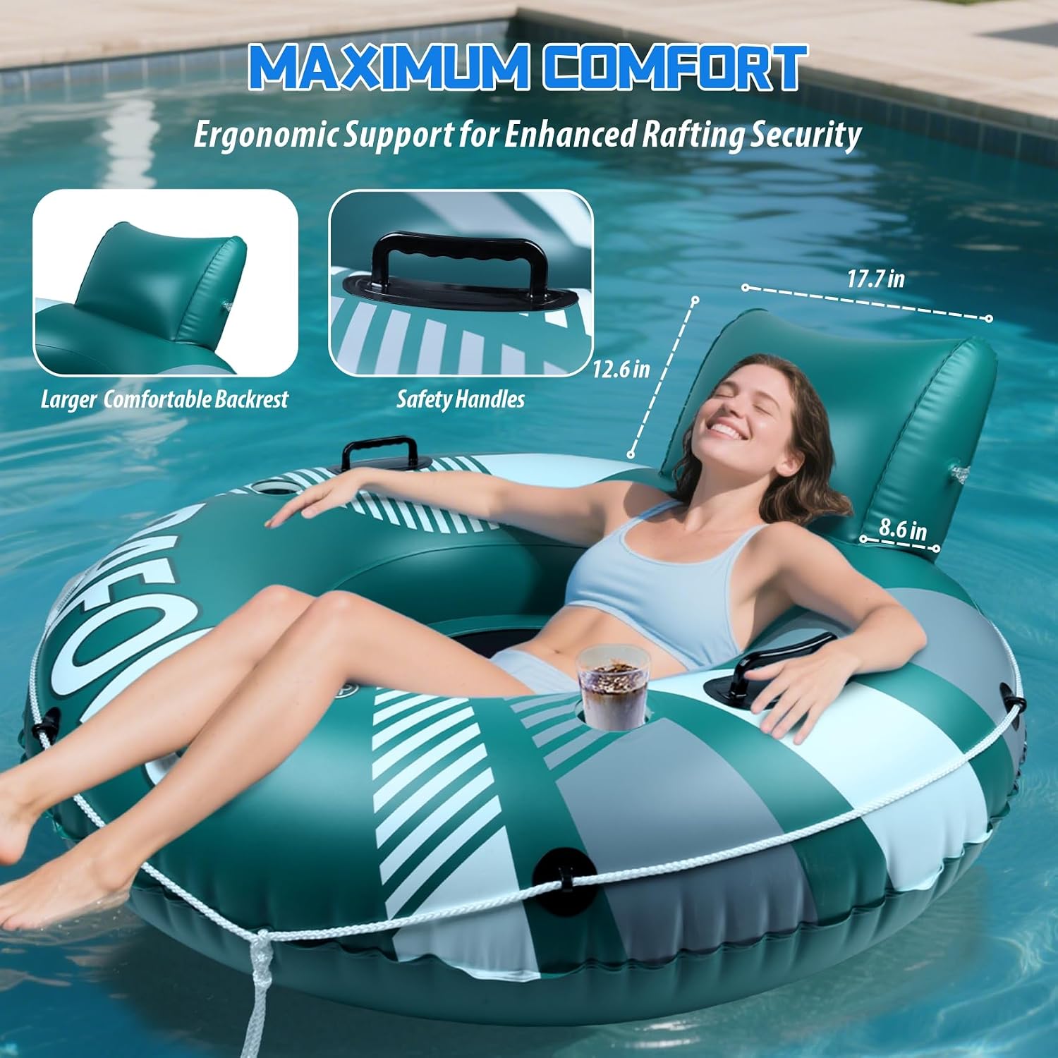 Detalle de PAFOLO 53" Heavy Duty River Tube for Adults with Mesh Seat, Headrest, Grab Rope and Cup Holders