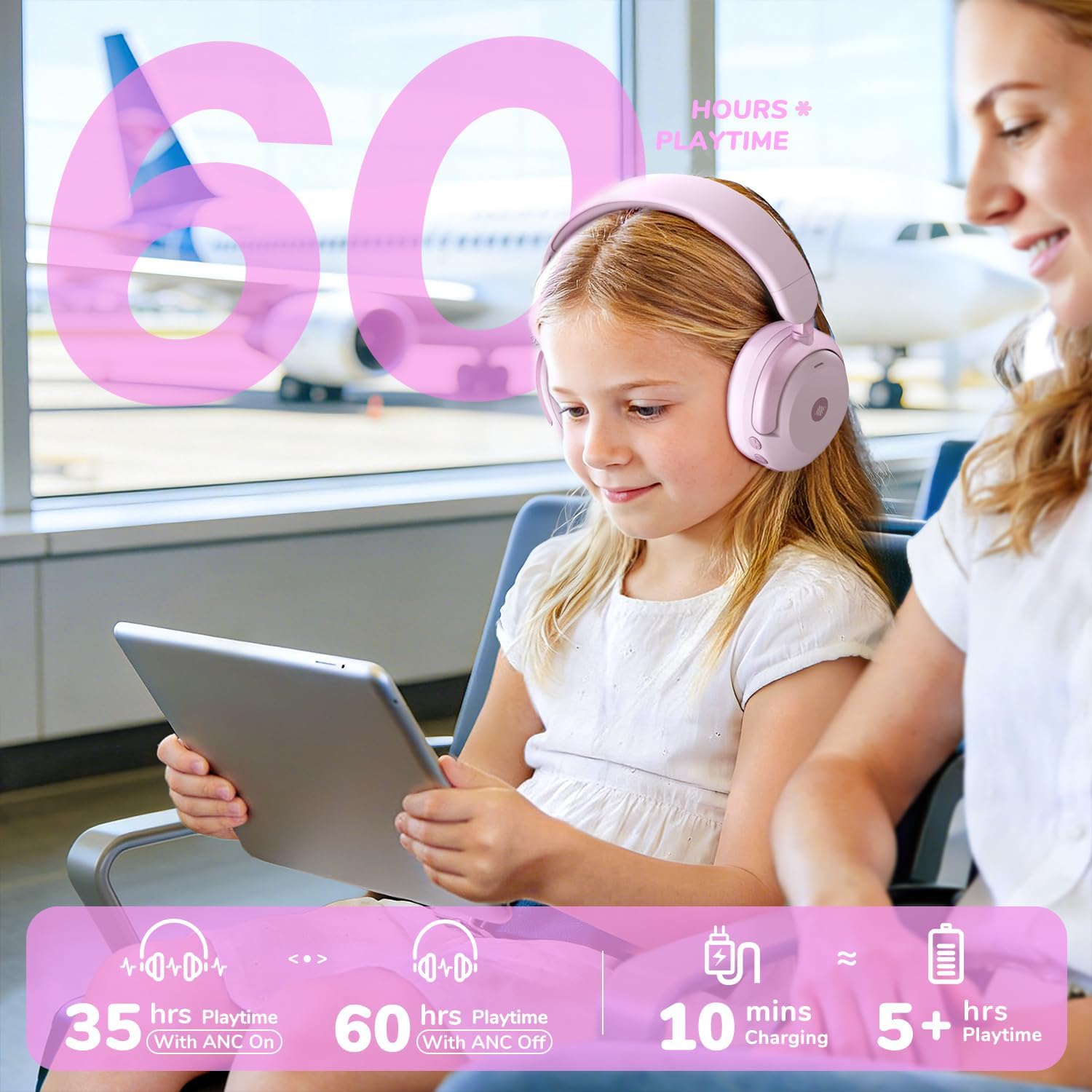 Thumbnail 4 de iClever BTH20 Active Noise Cancelling Headphones for Kids (Light Pink) with 60H Play Time and 80dBA Safe Volume