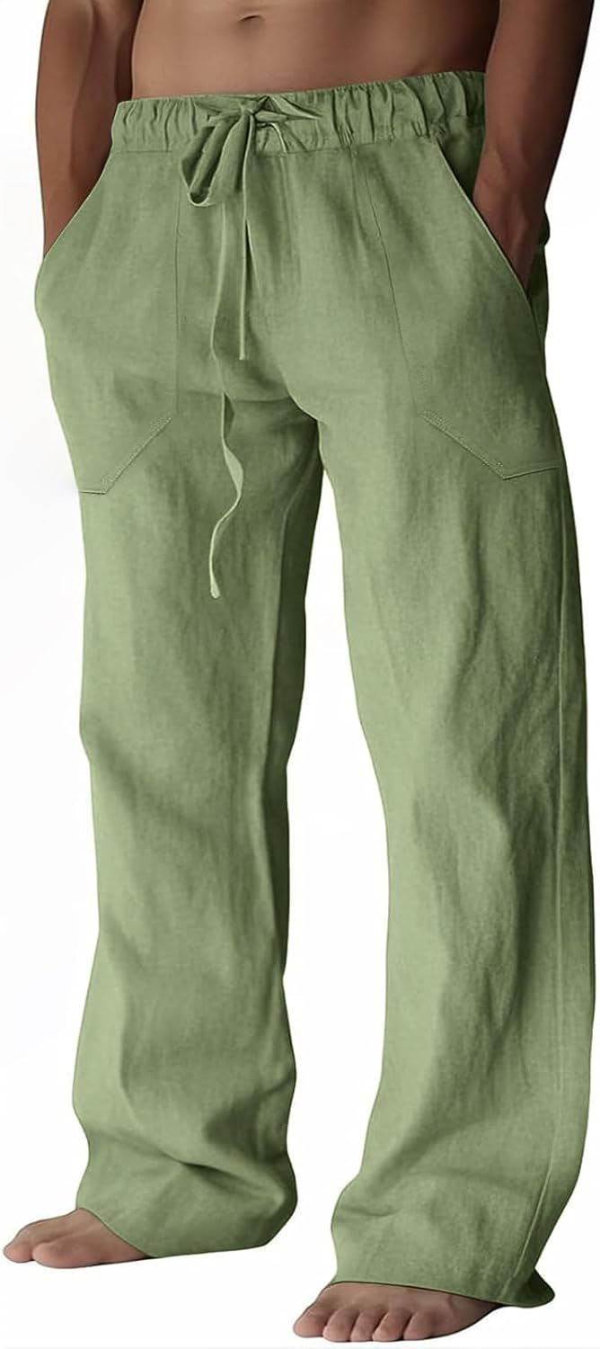 Detalle de Puimentiua Men's Linen Trousers: Casual Loose Fit with Elastic Waist and Large Pockets