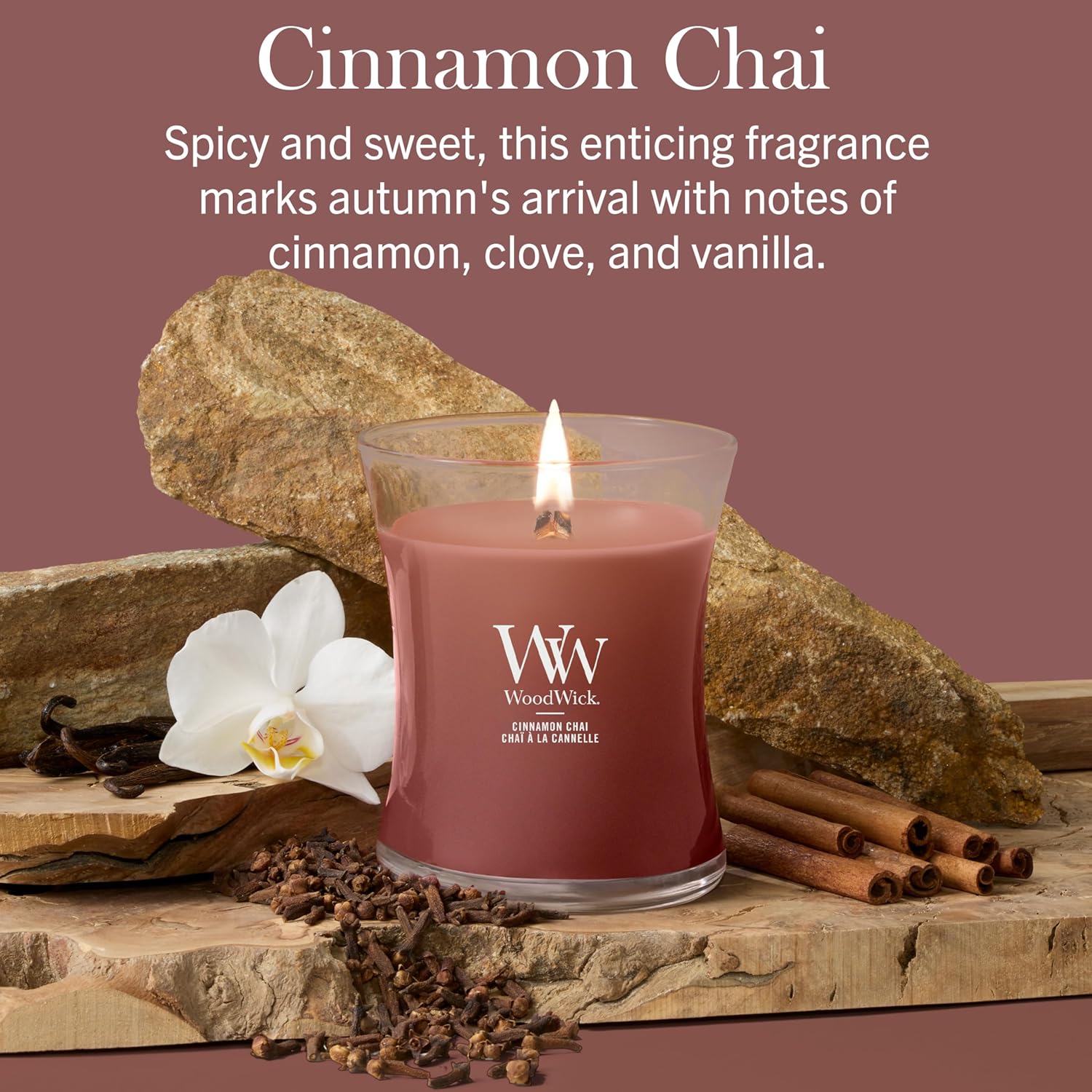 Detalle de WoodWick bougie parfumée moyenne avec mèche en bois crépitante — Chaï à la cannelle
