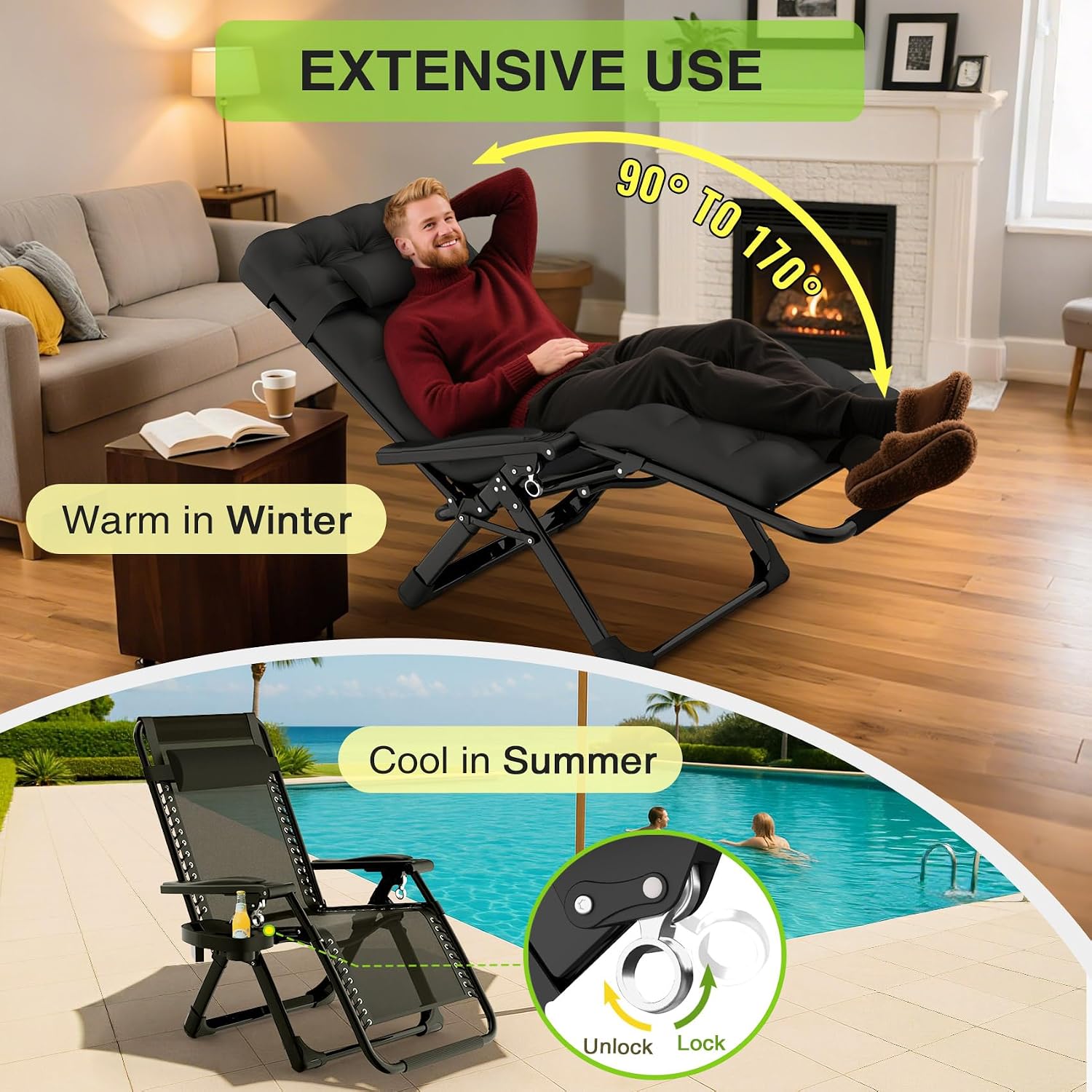 Detalle 1 de Suteck DDLZLTY-Black Zero-Gravity Reclining Chair, 26-Inch Folding
