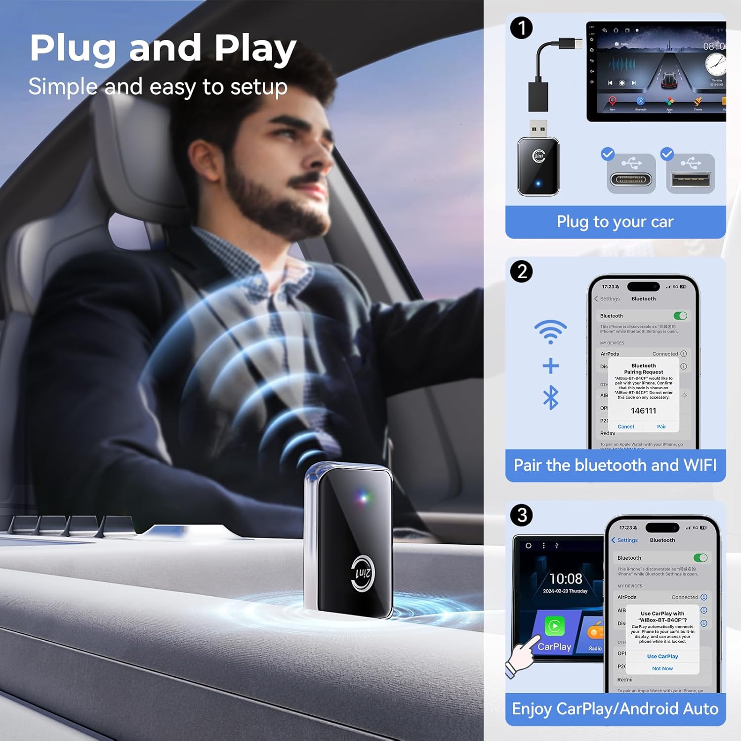 Thumbnail 1 de Wireless CarPlay Adapter for iPhone (and Android Auto) — Convert Wired CarPlay to Wireless, Plug and Play Mini Dongle (Silver)