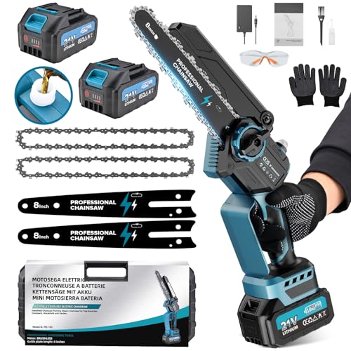 Detalle de Mini Motosierra Batería 8" de RINOXAR: potencia sin cable y dos baterías para poda y bricolaje