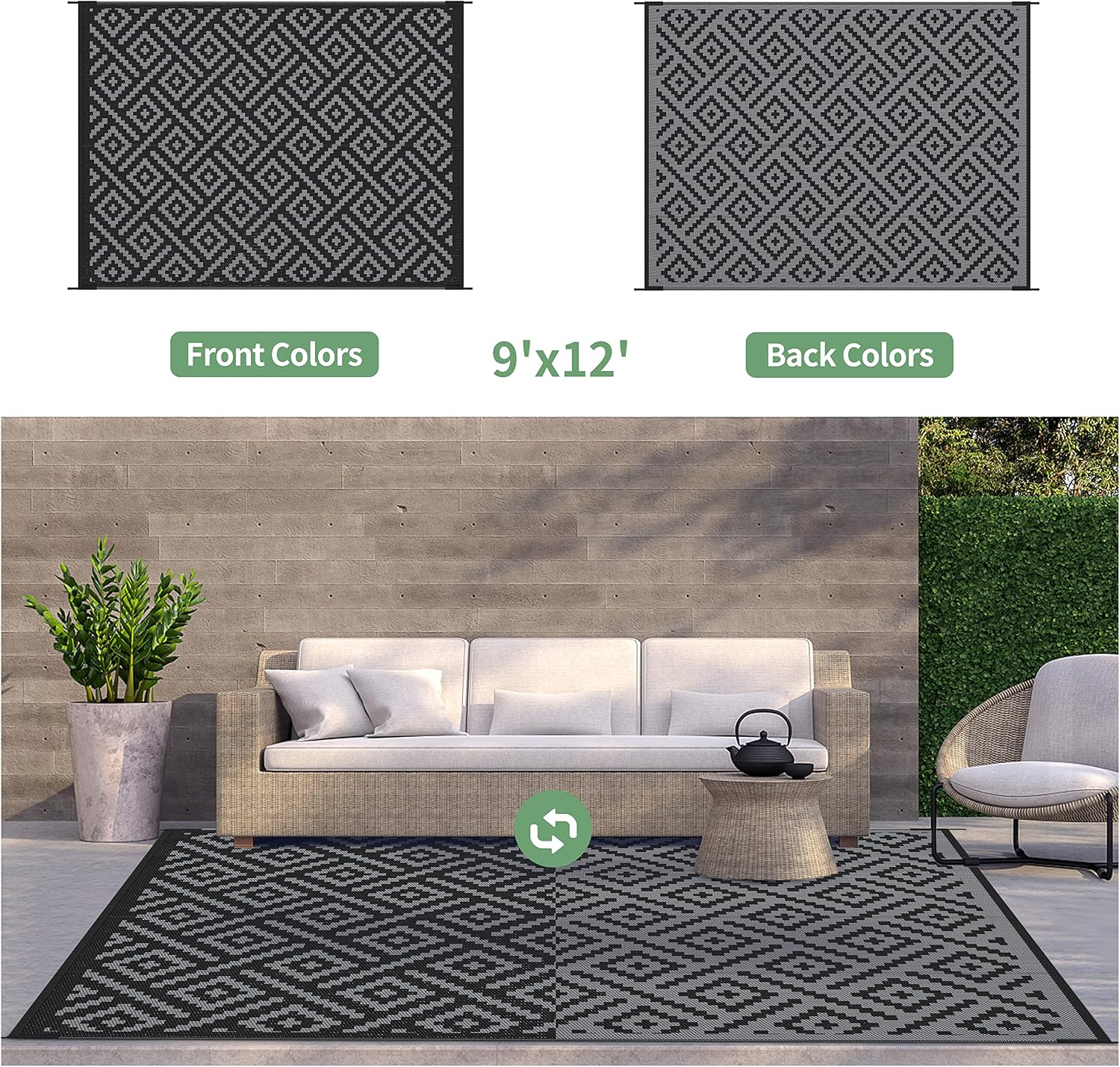 Thumbnail 1 de GENIMO Plastic Straw Rug Outdoor Area Rug, 9' x 12', Reversible Black and Gray