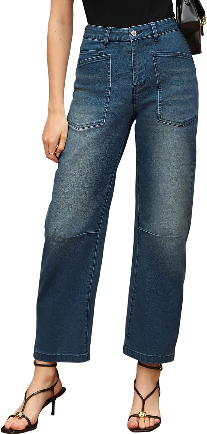 Detalle 2 de EVALESS Barrel-Leg Jeans, High-Waisted Stretch Denim, Relaxed Cropped Fit