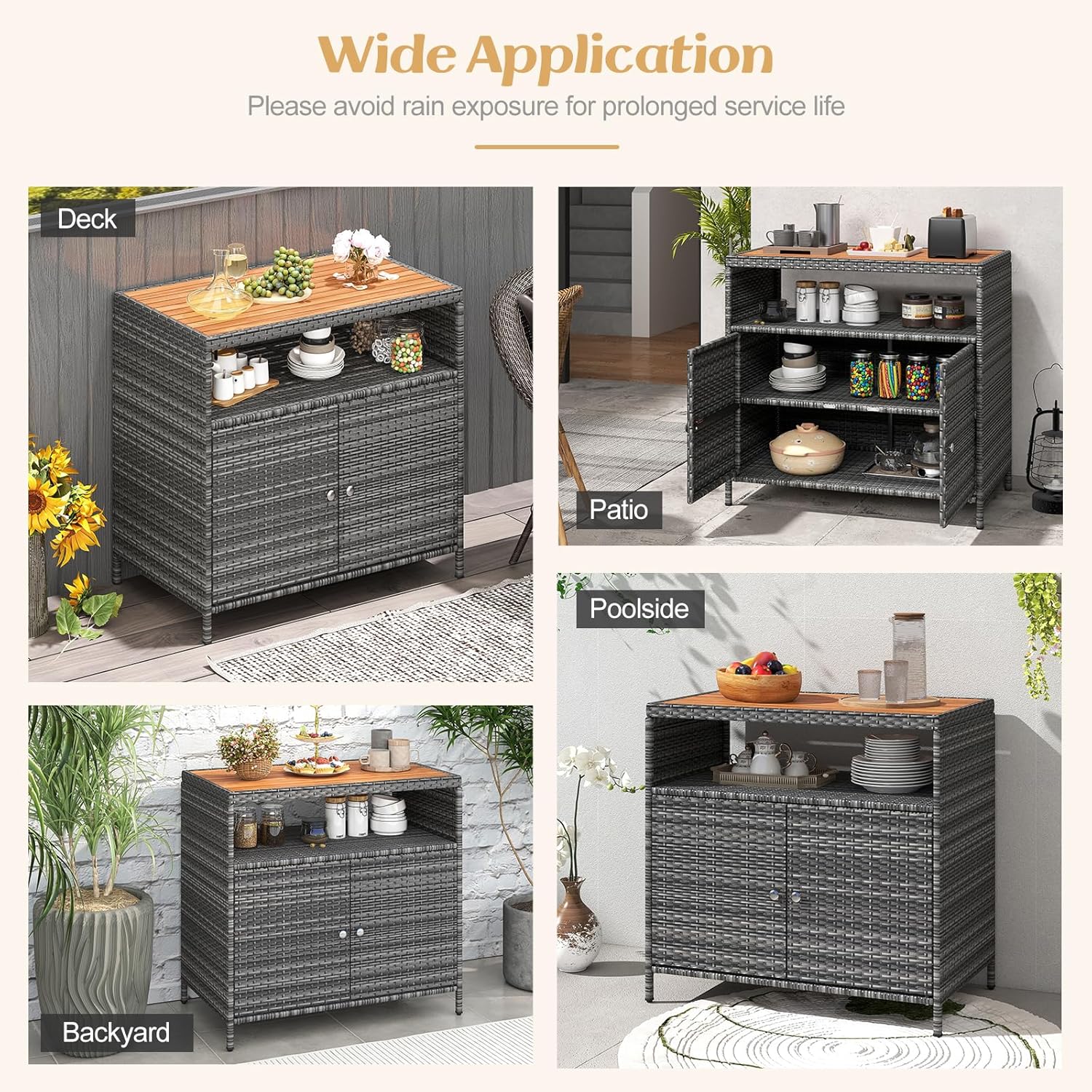 Detalle de COSTWAY Gartenschrank Rattan: Terrassenschrank mit Akazienholz-Arbeitsplatte, 90 x 53 x 86 cm, Grau