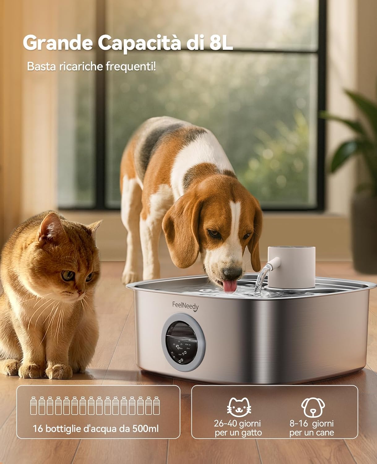 Detalle de FEELNEEDY 8L Fontanella per Gatti senza Fili con Batteria da 5000 mAh e Sensor Radar