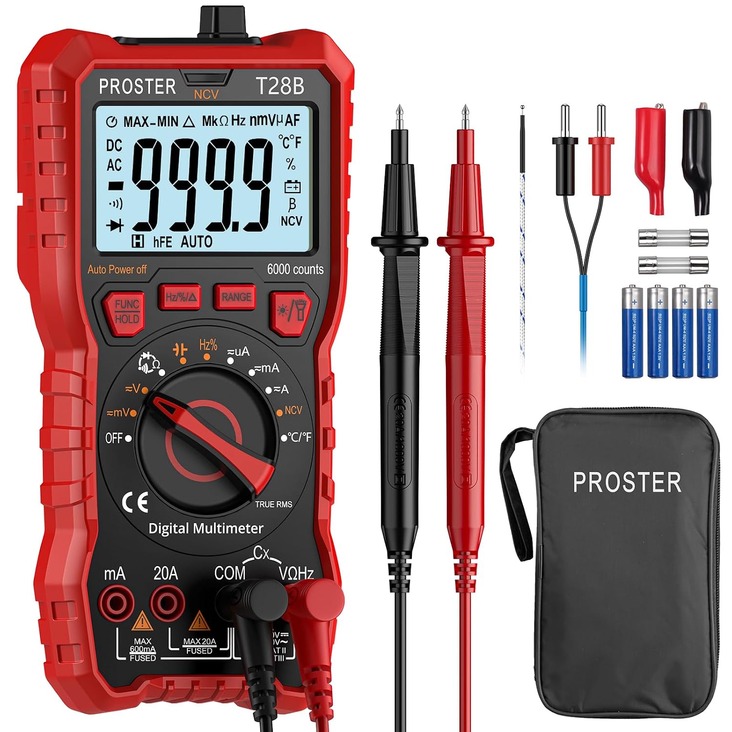 Detalle de PROSTER T28B TRMS Multimeter, 6000-Count, 20A, NCV and Temperature