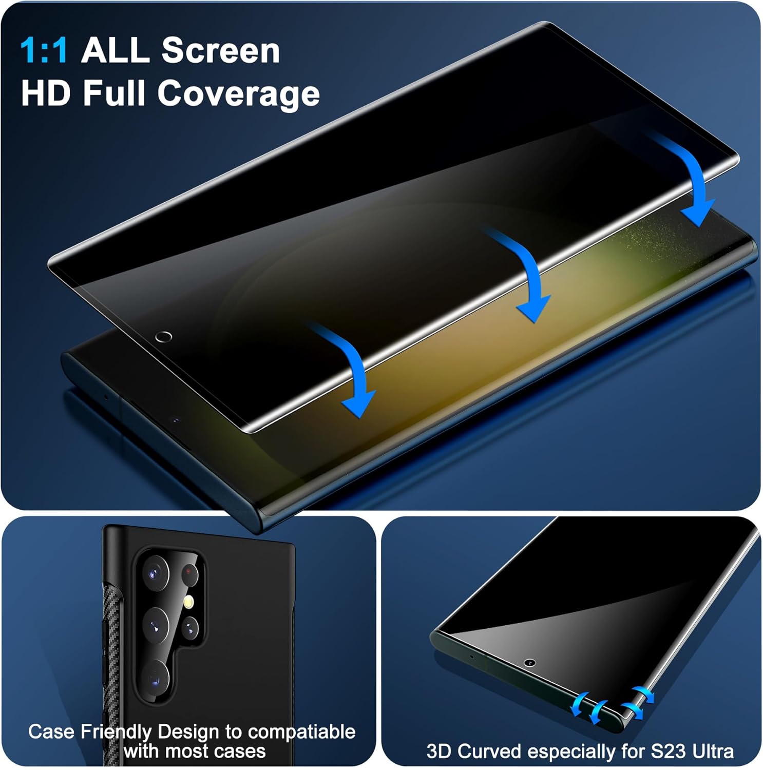 Thumbnail 3 de [2+2 Pack] Galaxy S23 Ultra Privacy Tempered Glass Screen Protector (9H) with Ultrasonic Fingerprint Support & 3D Curved Anti-Spy Film