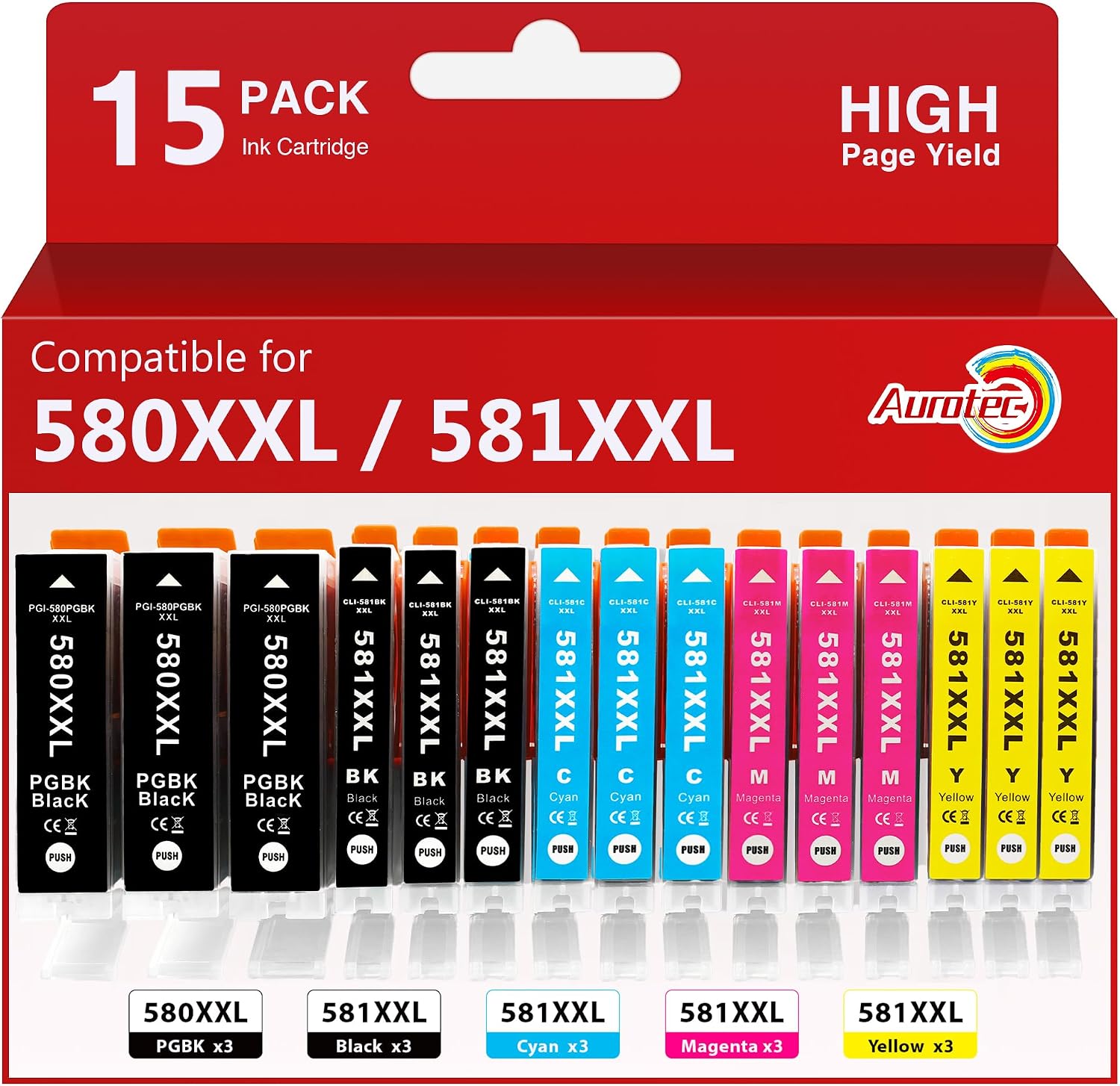 Detalle de Aurotec PGI-580 / CLI-581 XXL Multipack (15 Patronen) kompatibel für Canon Pixma TR / TS