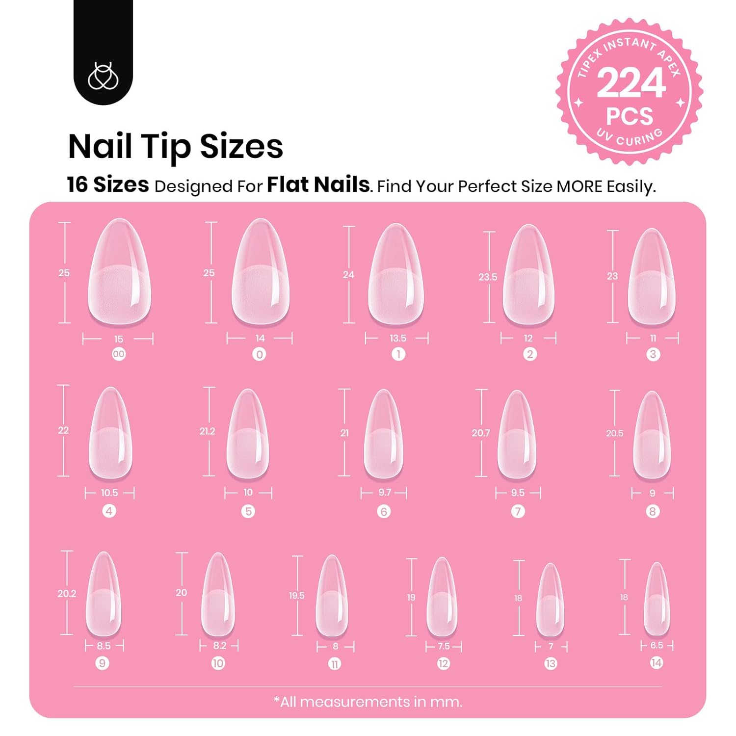 Detalle de Beetles Tipex Gel Nail Kit with Medium Almond Tips (224 Pcs) – 16 Sizes, Glue, Mini Lamp