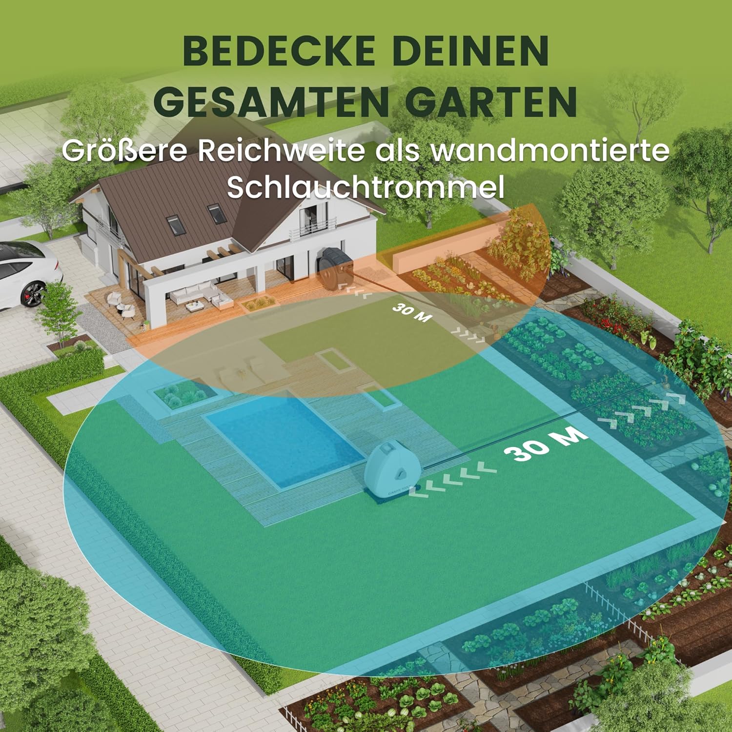 Detalle de Giraffe Tools Ausziehbare Schlauchtrommel mit 30 m – Bodentrommel, 360° Drehsockel und 7-Funktions-Düse