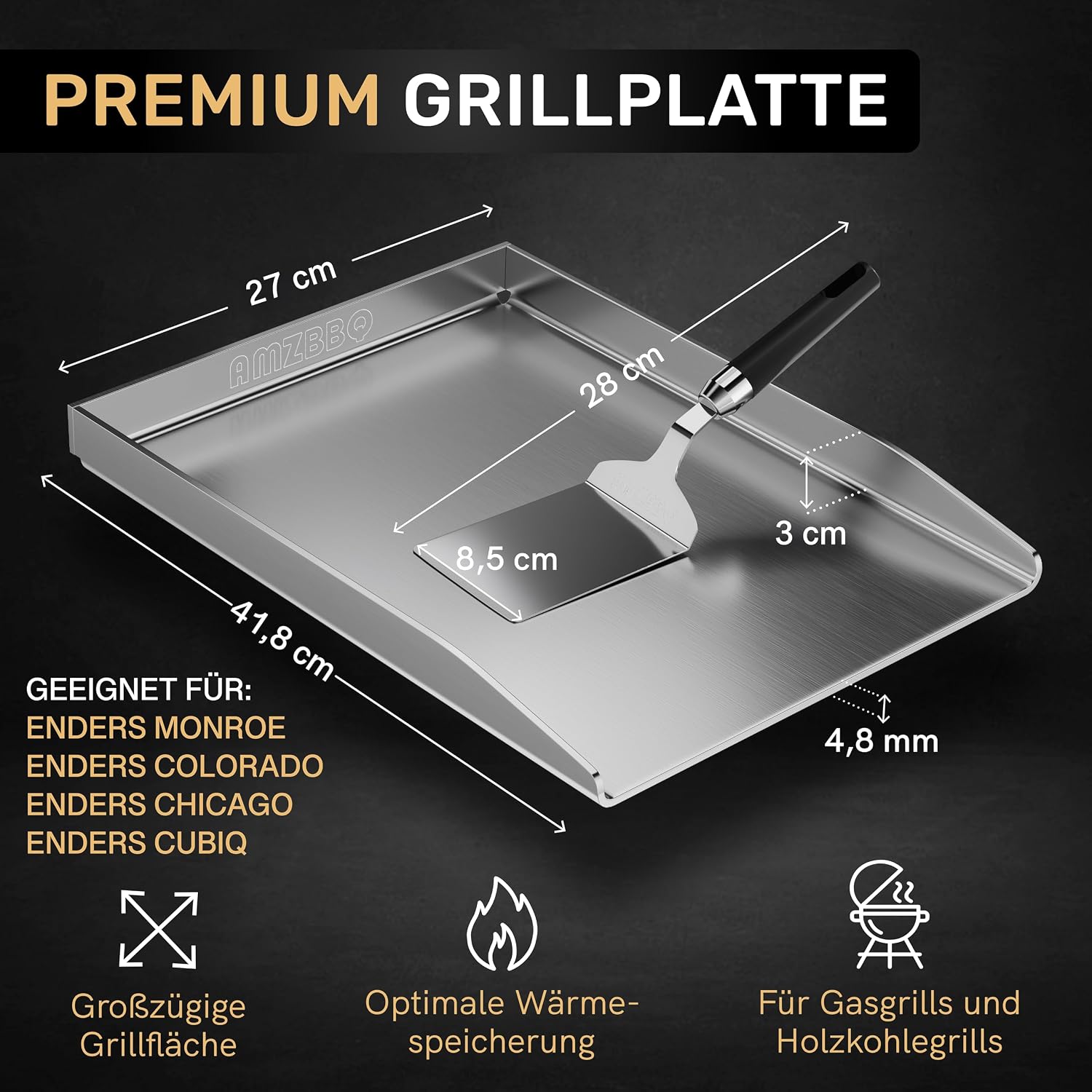 Thumbnail 1 de AMZBBQ Premium Plancha Set für ENDERS Monroe/Colorado/Chicago/Cubiq – 41,8 × 27 × 3 cm, 4,8 mm Edelstahl