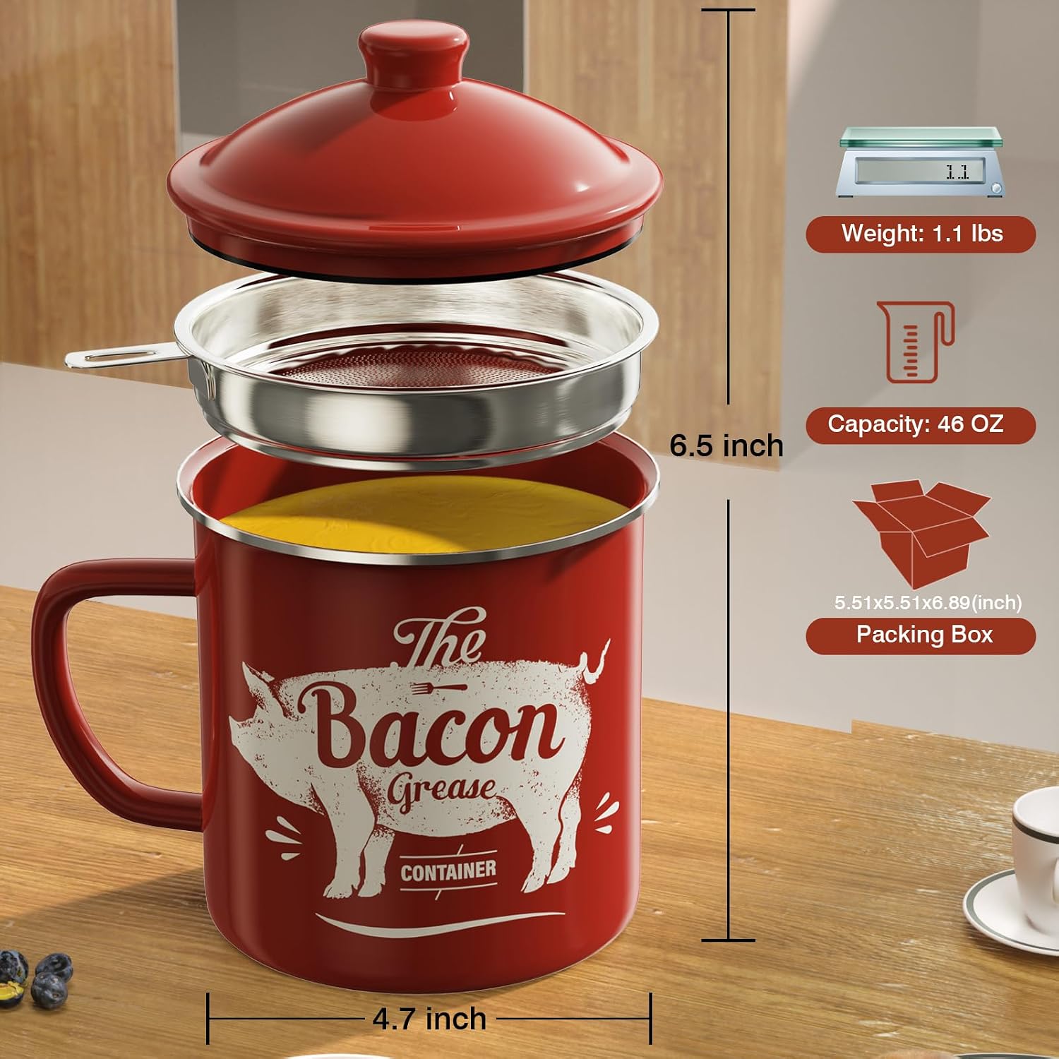 Detalle de Bacon Grease Container With Strainer (46OZ Large Enamel Grease Container) + Silicone Spatula