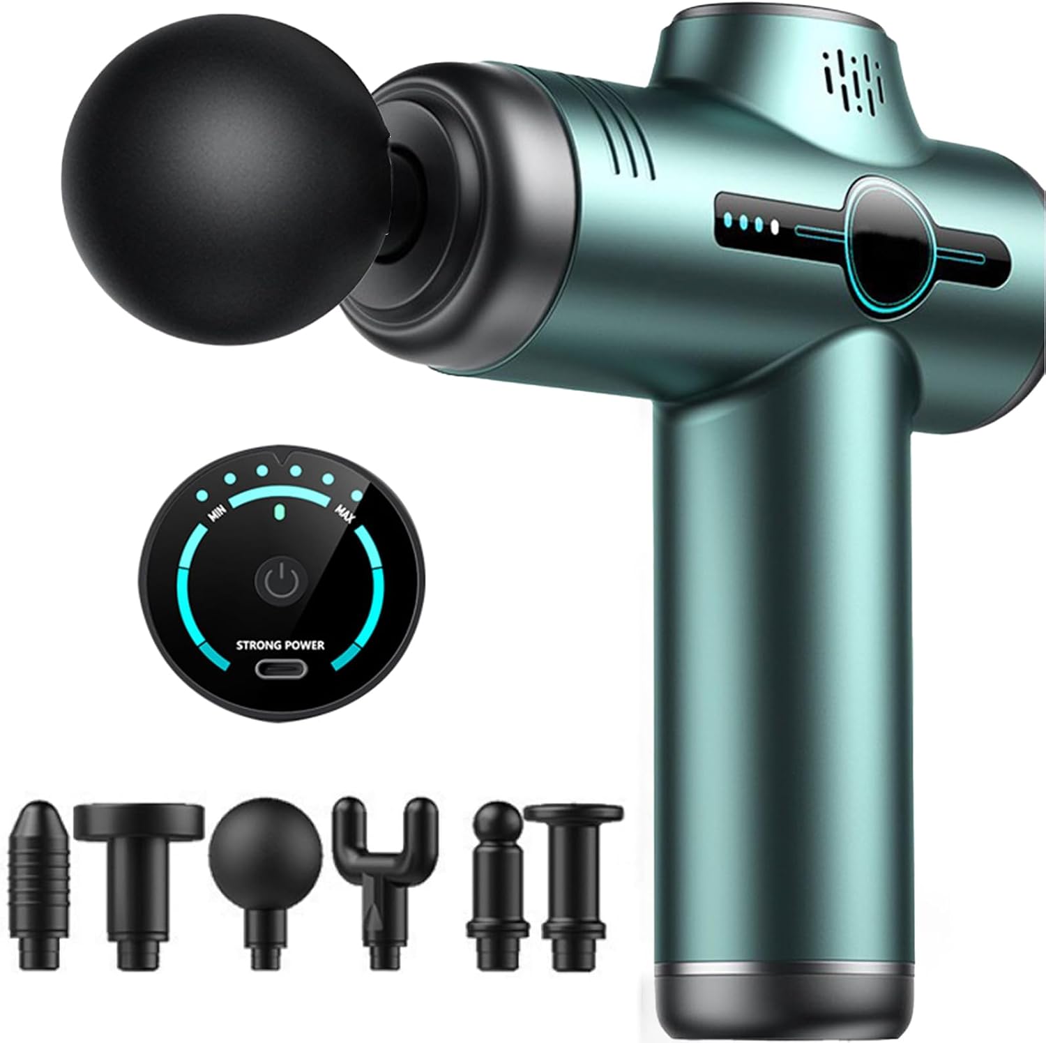 Detalle de KUMAIGO Mini Massagepistole für Nacken & Schulter – 6 Stufen, 6 Köpfe, Ultra leise, USB‑C wiederaufladbar (Grün)