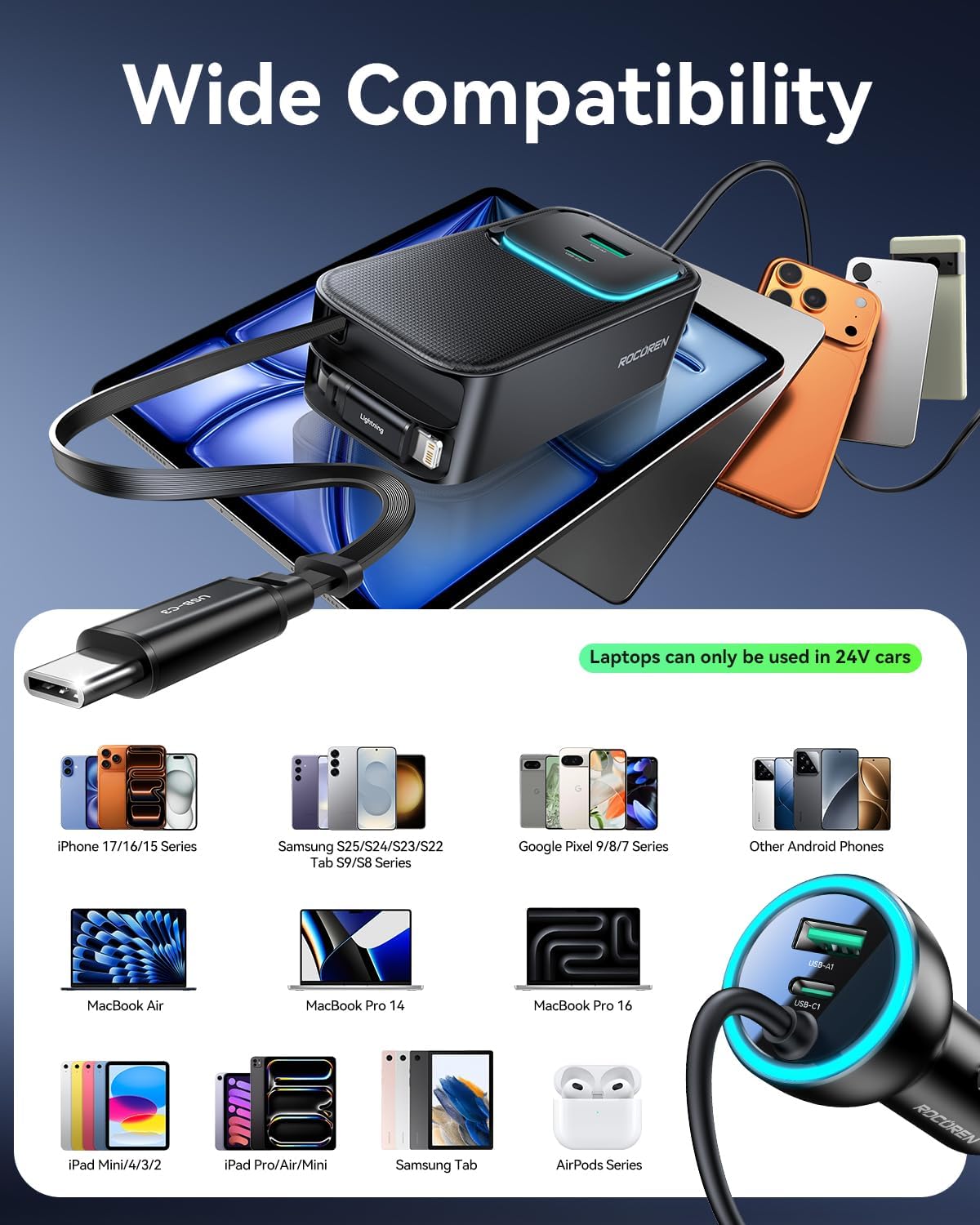 Thumbnail 6 de Rocoren Retractable Car Charger 135W Fast Charge: 6-in-1 USB-C Car Adapter with 80cm Retractable Cable
