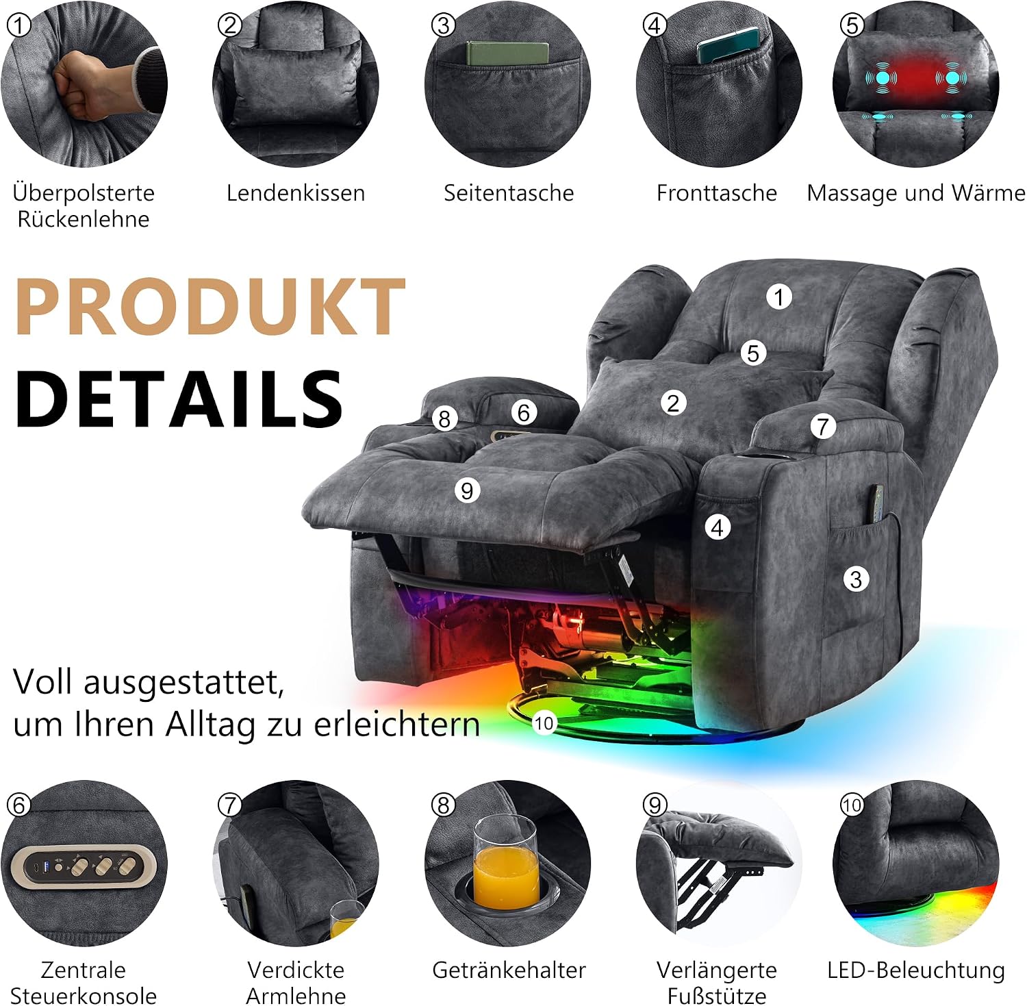 Detalle de SITURAY 2-Motorer Elektrischer Verstellbarer Relaxsessel mit Liegefunktion, Drehbarer TV-Sessel mit Massage + Wärme – Samt Grau