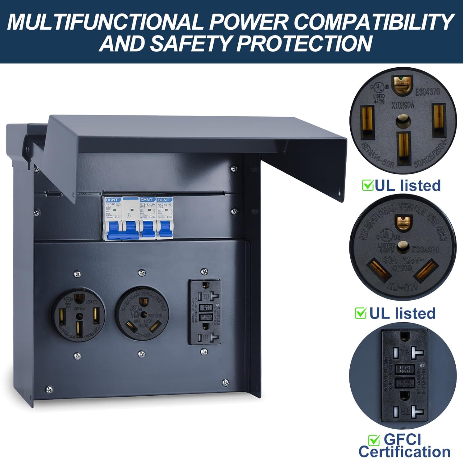 Thumbnail 2 de Umaogus RV Electrical Panel with Breaker (50/30/20A UL) Temporary RV Outlet Box, Outdoor Weatherproof Metal Enclosure