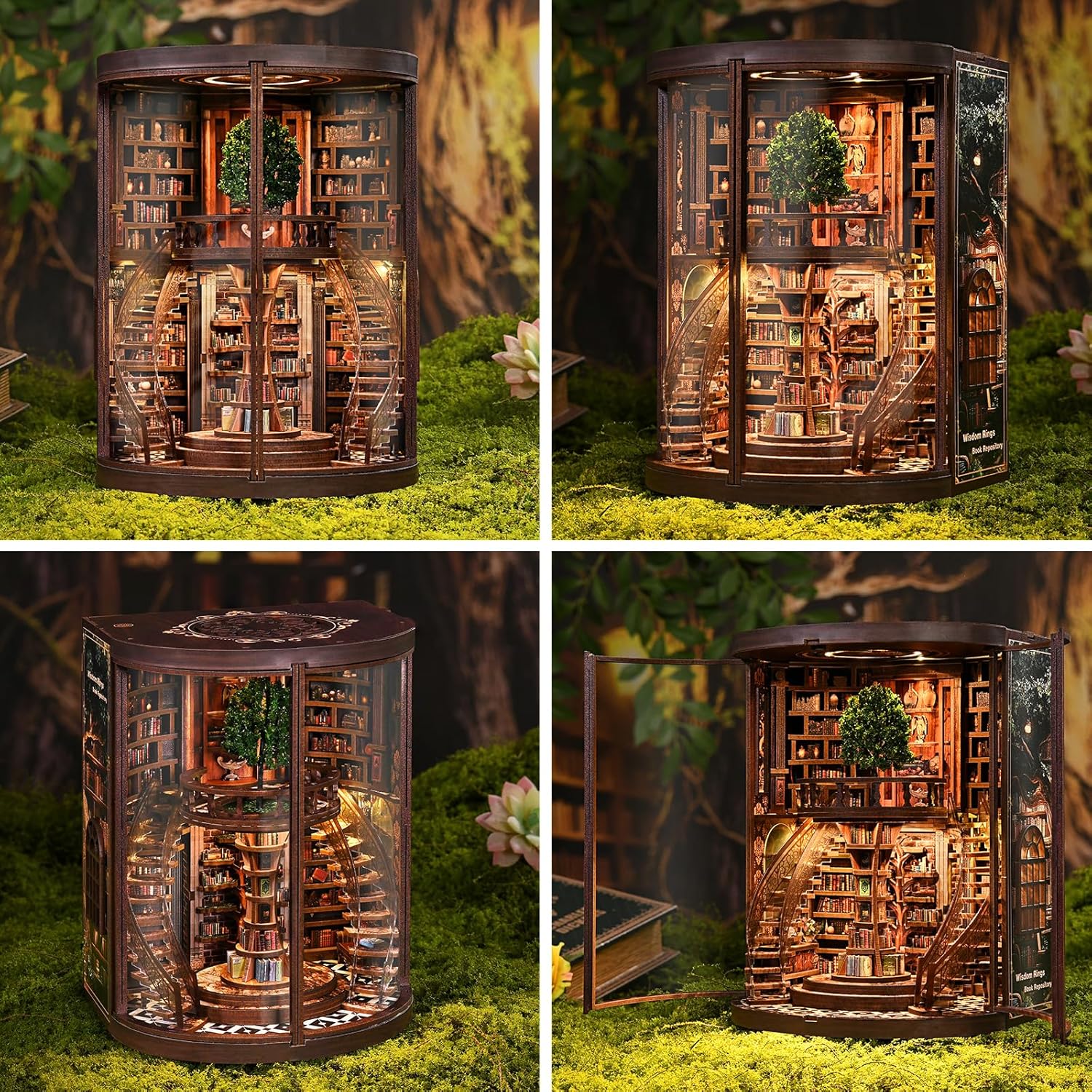 Detalle de BATTREVO Book Nook Kit – Weisheitsringe Bucharchiv aus Holz mit LED-Beleuchtung