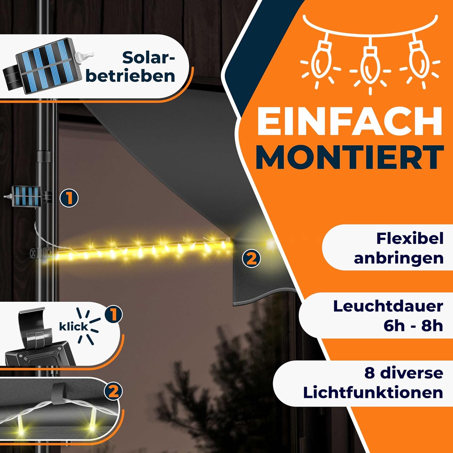Thumbnail 6 de KESSER Klemmmarkise mit Handkurbel & LED-Lichterkette (Balkonmarkise, ohne Bohren) – 250 x 180 cm