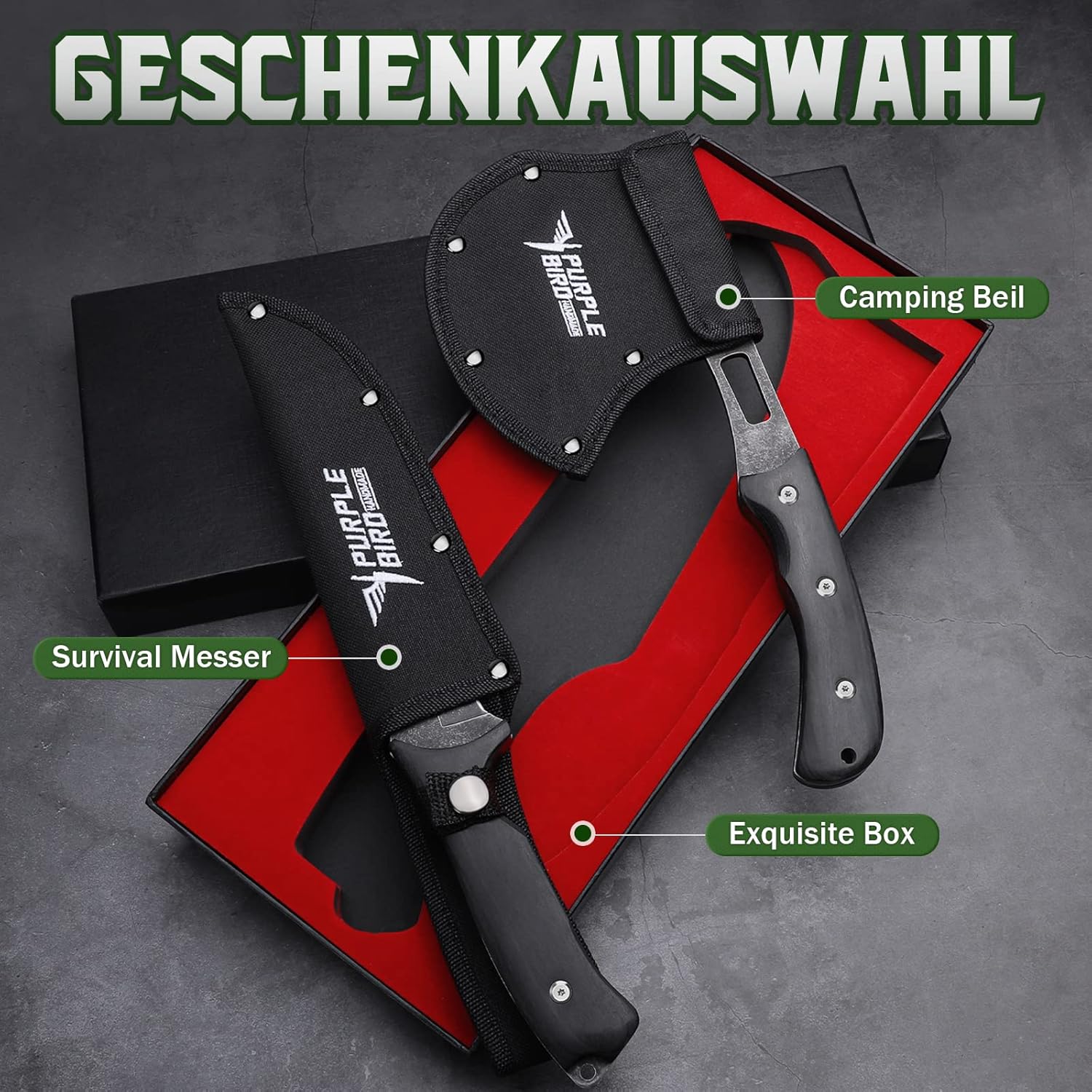 Thumbnail 5 de PURPLEBIRD Camping Axt Outdoor Messer Set – 2-teiliges Feststehendes Messer- und Axt-Set mit Nylonscheide und Geschenkbox