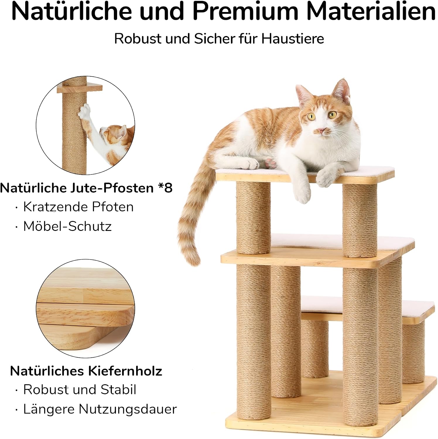 Detalle de FUKUMARU Hundetreppe 3 Stufen – Kiefernholz, Jute, bis 90 kg, 18–51 cm höhenverstellbar