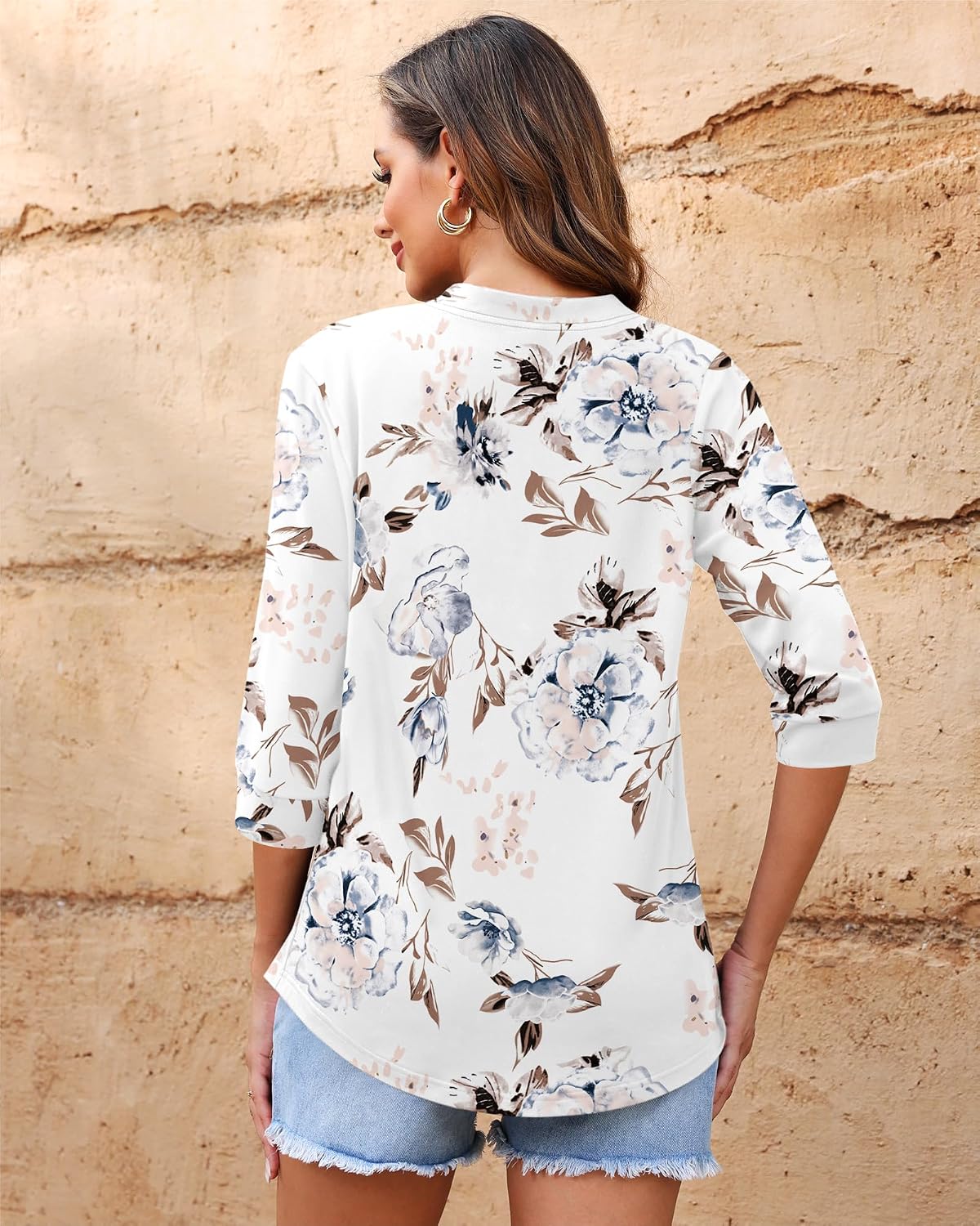 Detalle 2 de WNEEDU Maglietta donna a manica 3/4 con scollo a V – T-shirt estiva basic elegante