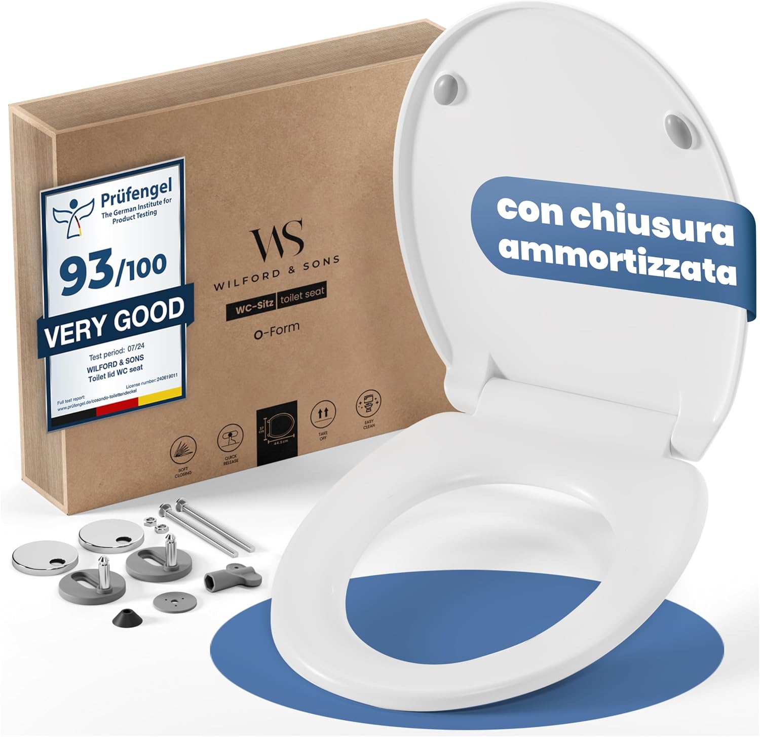 Detalle de Wilford & Sons PREMIUM Copriwater: sedile WC con chiusura ammortizzata in forma O, bianco, alta qualità