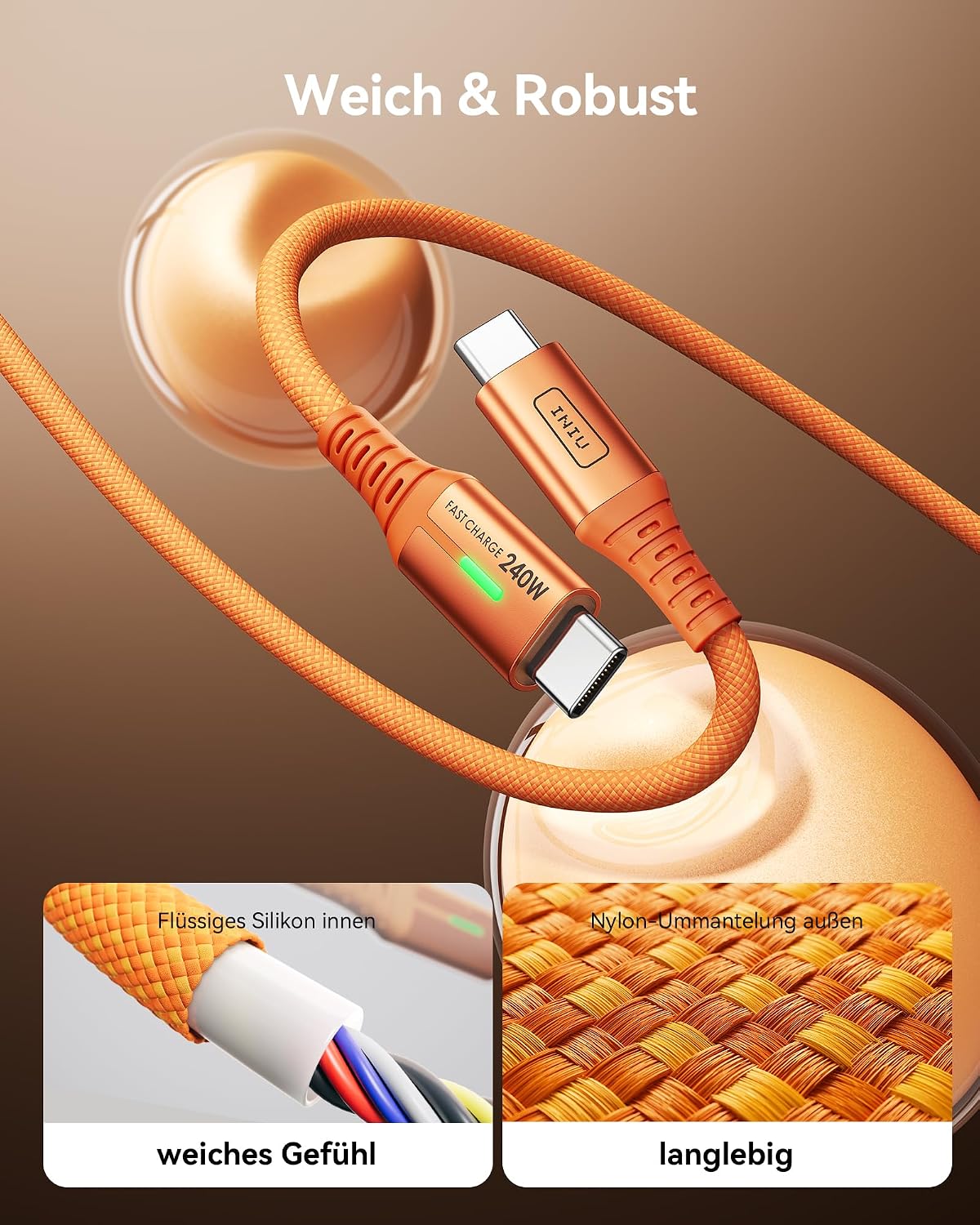 Thumbnail 4 de INIU 240W USB‑C auf USB‑C Kabel (2er-Set, Orange, 2 m) mit PD zum Schnellladen