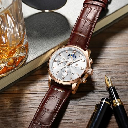 Thumbnail 6 de LIGE Montre homme vintage chronographe, cuir, 3 ATM, cadran or et blanc
