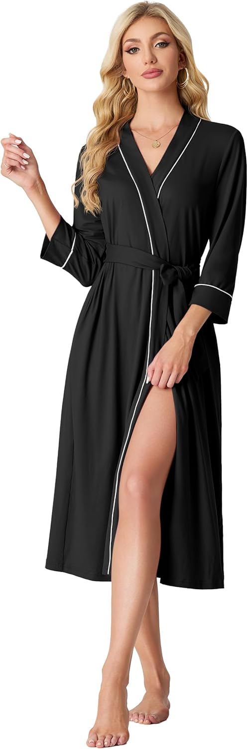 Detalle de PrinStory Womens Long Knit Bathrobe (Lightweight Soft Robes) with Pockets